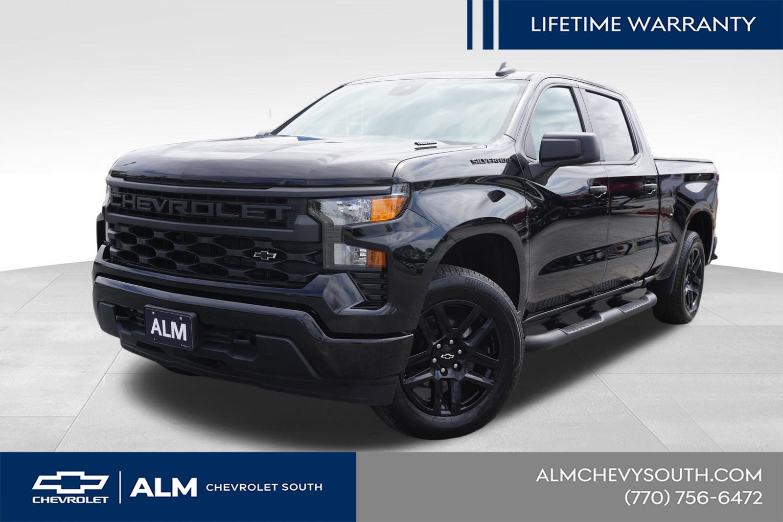 Black 2025 Chevrolet Silverado 1500 Custom Crew Cab 4WD Pickup Truck Four-Wheel Drive 8-Speed Automatic