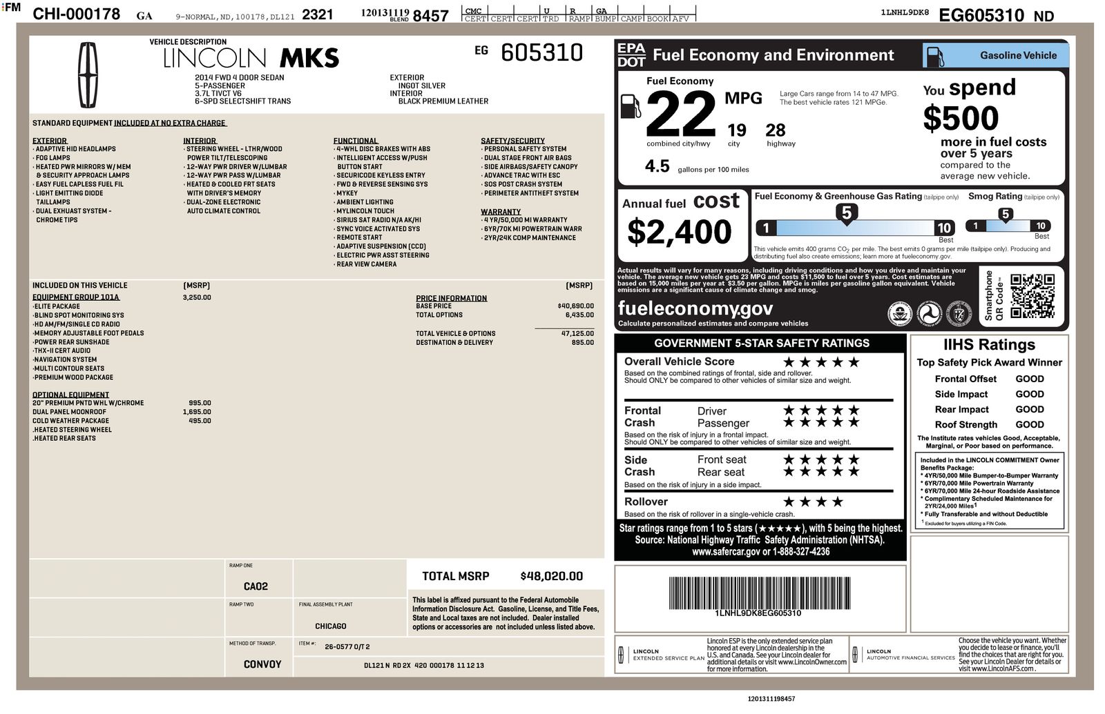 Ingot Silver 2014 Lincoln MKS Sedan Sedan Front-Wheel Drive 6-Speed Automatic