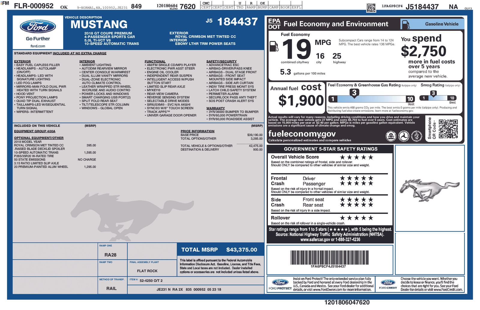 Red (Crimson) 2018 Ford Mustang GT Premium Coupe RWD Coupe Rear-Wheel Drive Automatic