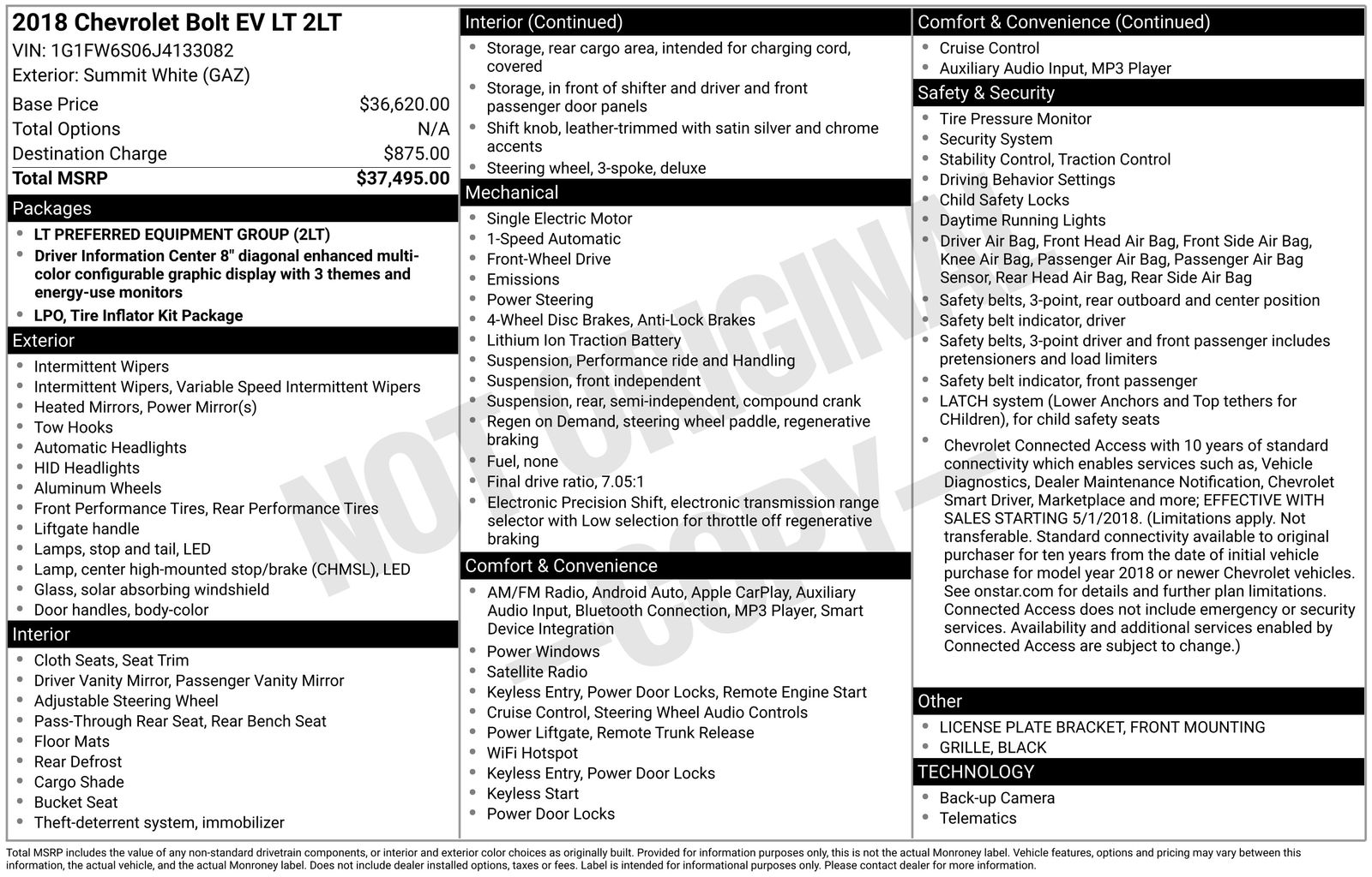 Summit White 2018 Chevrolet Bolt EV LT FWD Hatchback Front-Wheel Drive 1-Speed Automatic