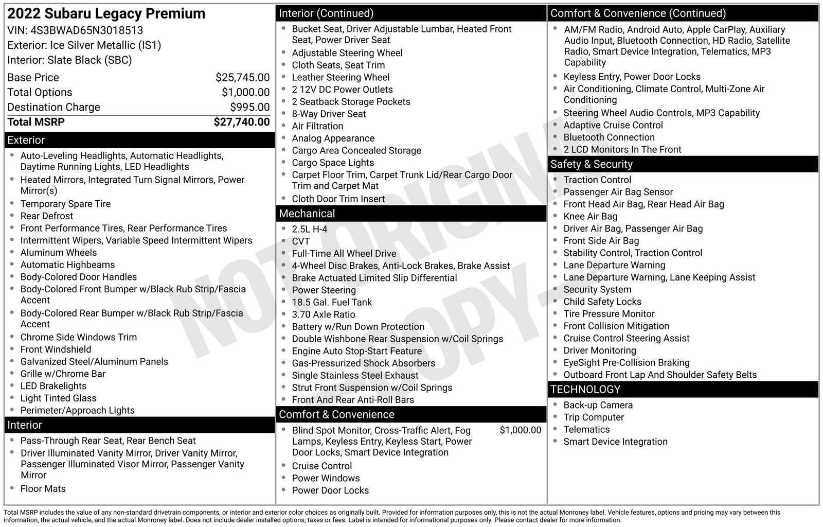 Used Car 2022 Subaru Legacy  Premium For Sale Under $20,000 In Austin, Texas