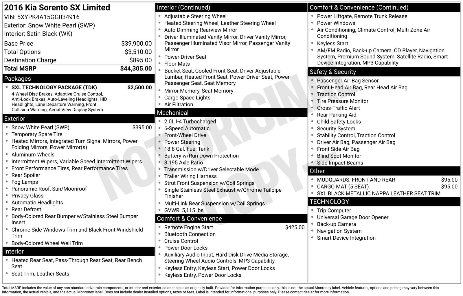 Snow White Pearl 2016 Kia Sorento SX Limited SUV / Crossover Front-Wheel Drive 6-Speed Automatic