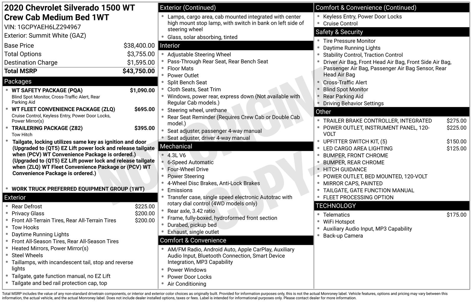 Summit White 2020 Chevrolet Silverado 1500 Work Truck Crew Cab 4WD Pickup Truck Four-Wheel Drive 6-Speed Automatic Overdrive