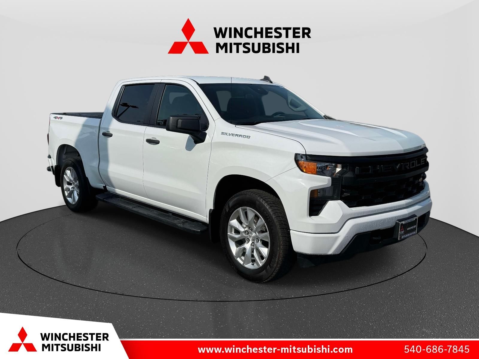 White 2023 Chevrolet Silverado 1500 Custom Crew Cab 4WD Pickup Truck Four-Wheel Drive 8-Speed Automatic