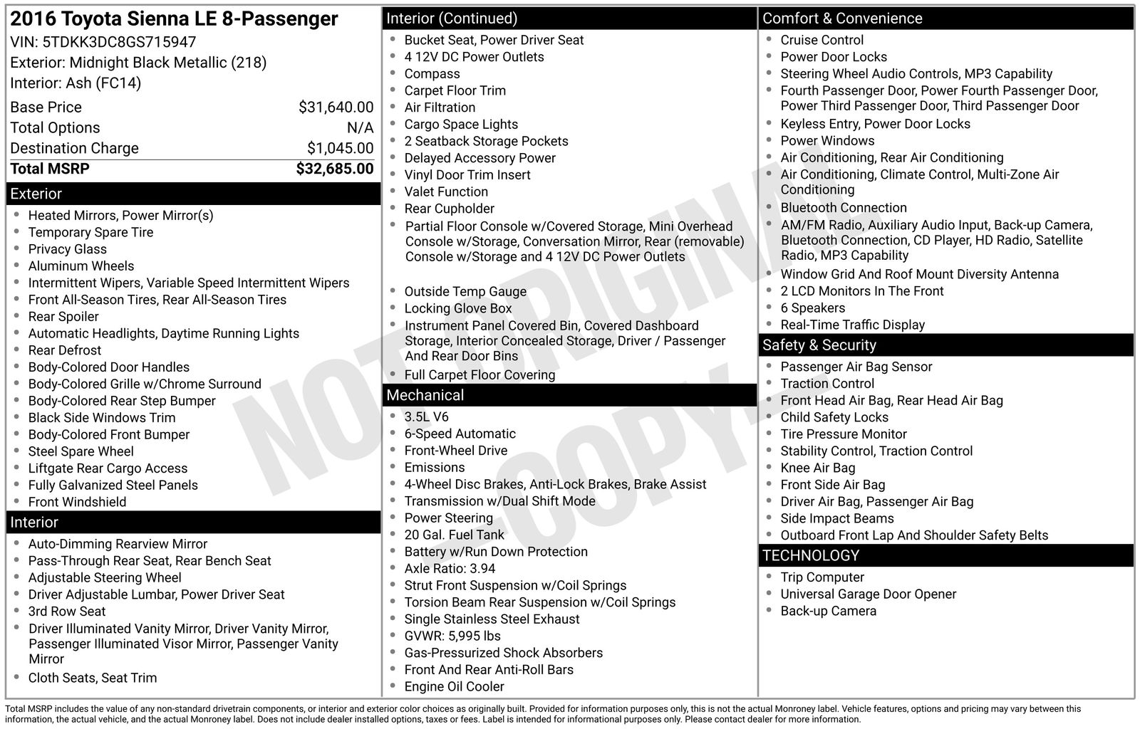 Used Car 2016 Toyota Sienna  Le For Sale Under $12,000 In Austin, Texas
