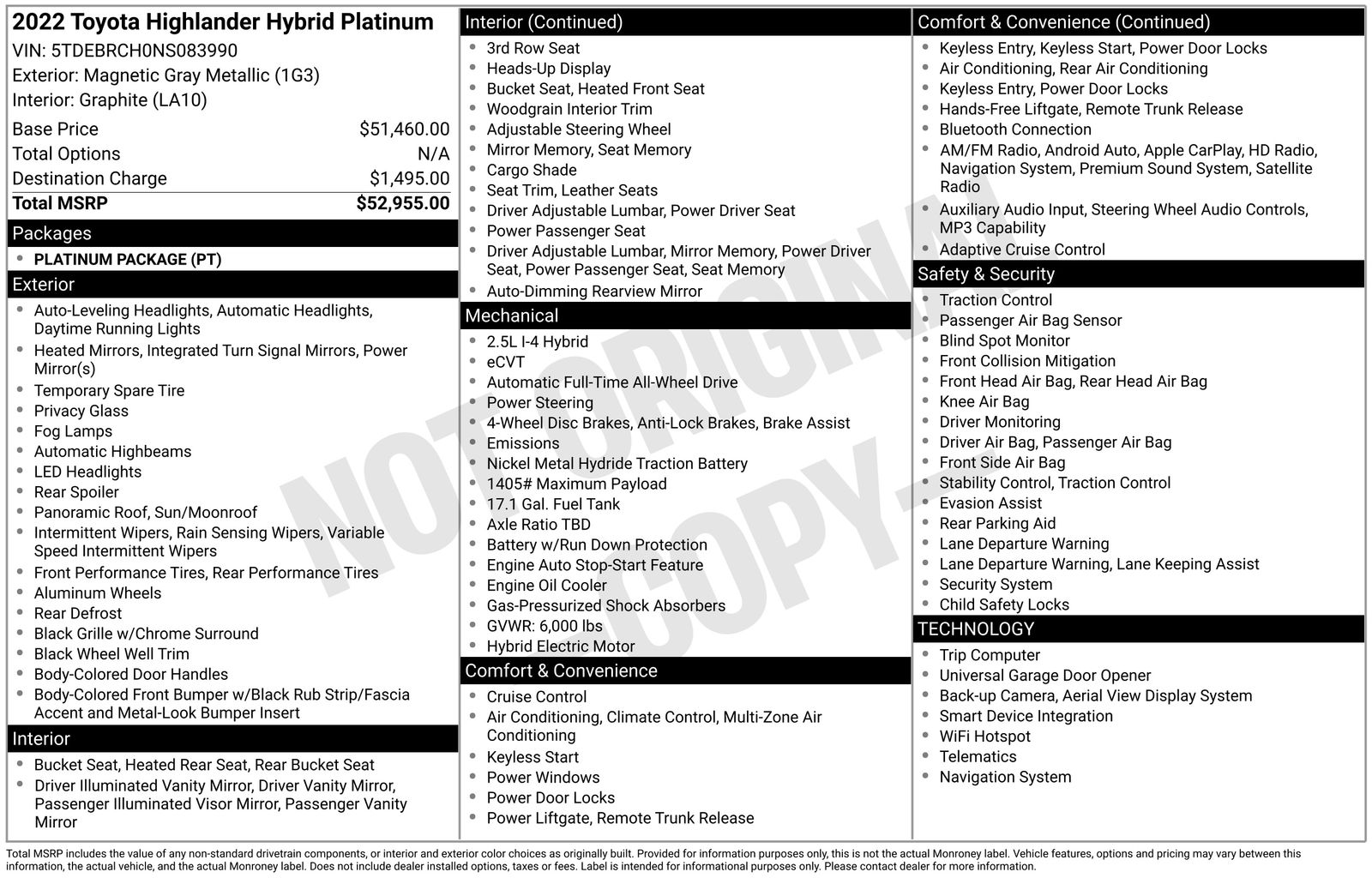 Used Car 2022 Toyota Highlander Hybrid  Platinum For Sale Under $50,000 In Austin, Texas