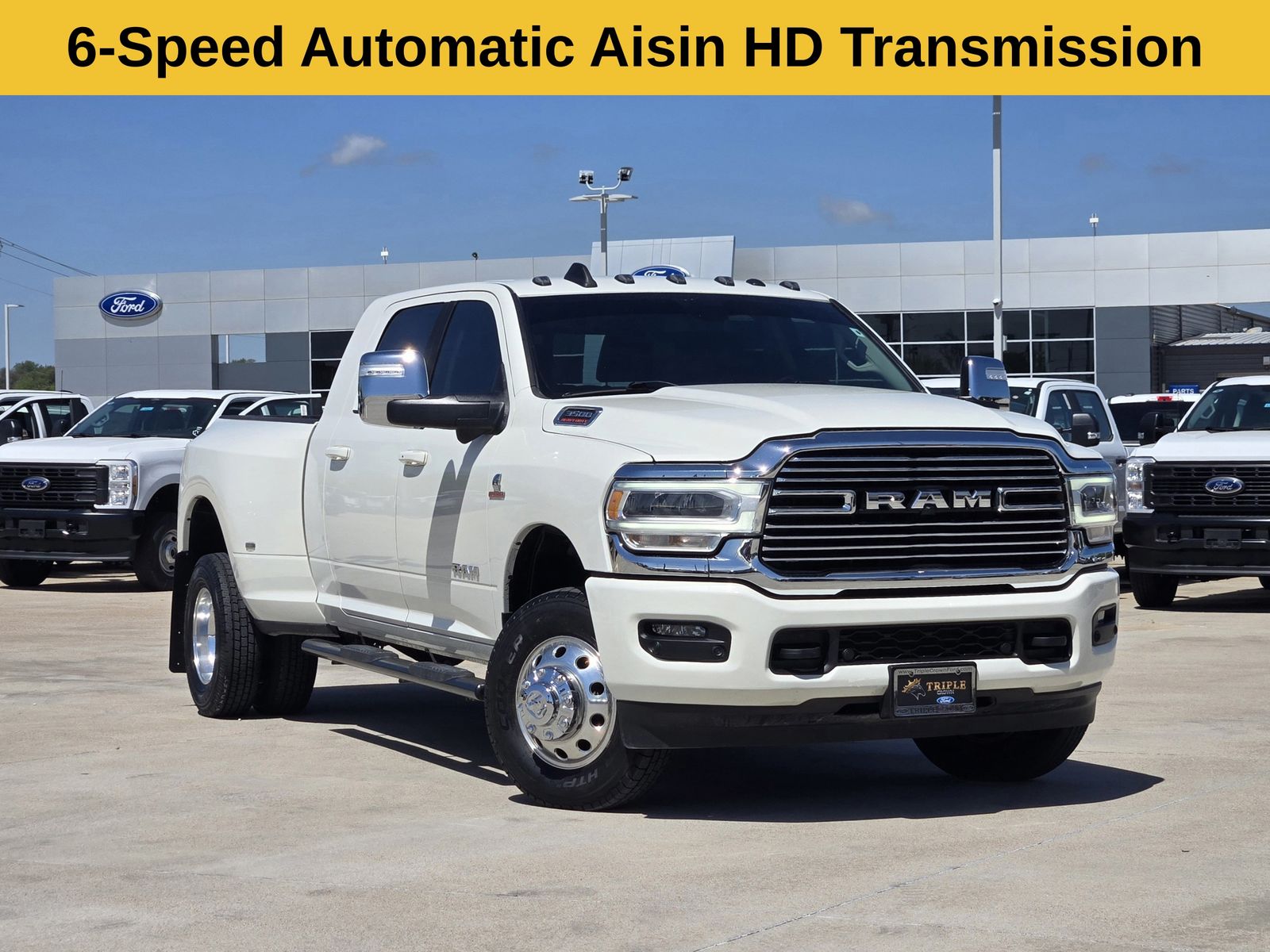 Pearl White 2024 RAM 3500 Laramie Mega Cab DRW 4WD Pickup Truck Four-Wheel Drive 6-Speed Automatic
