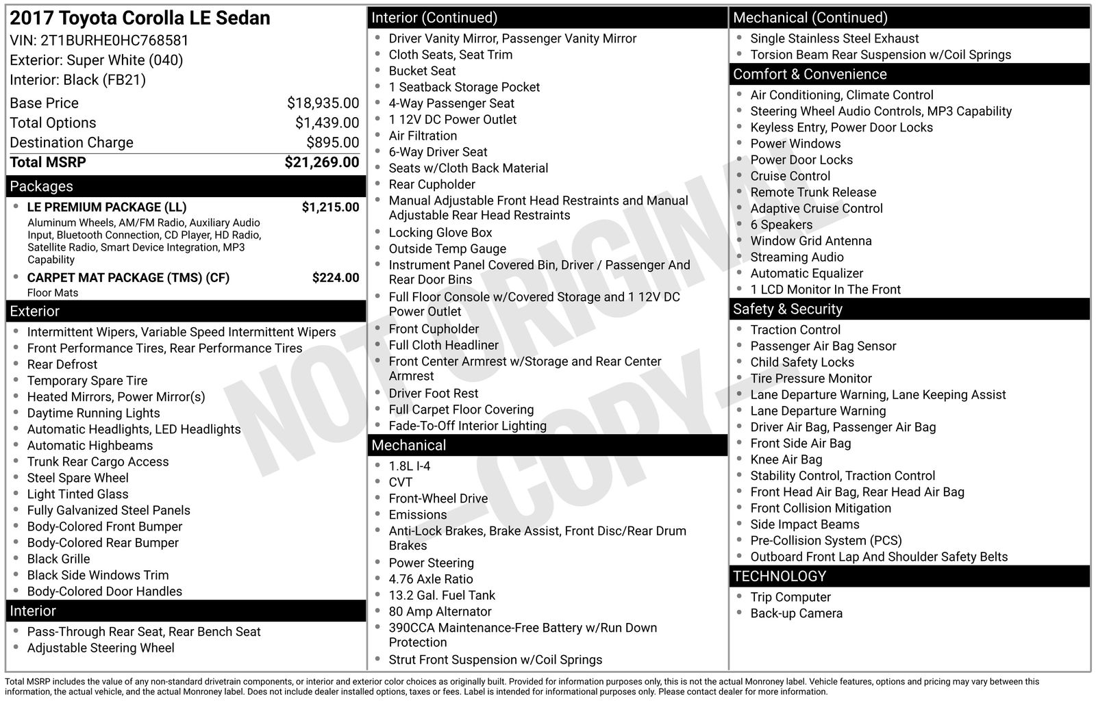 Used Car 2017 Toyota Corolla  L For Sale Under $20,000 In Austin, Texas