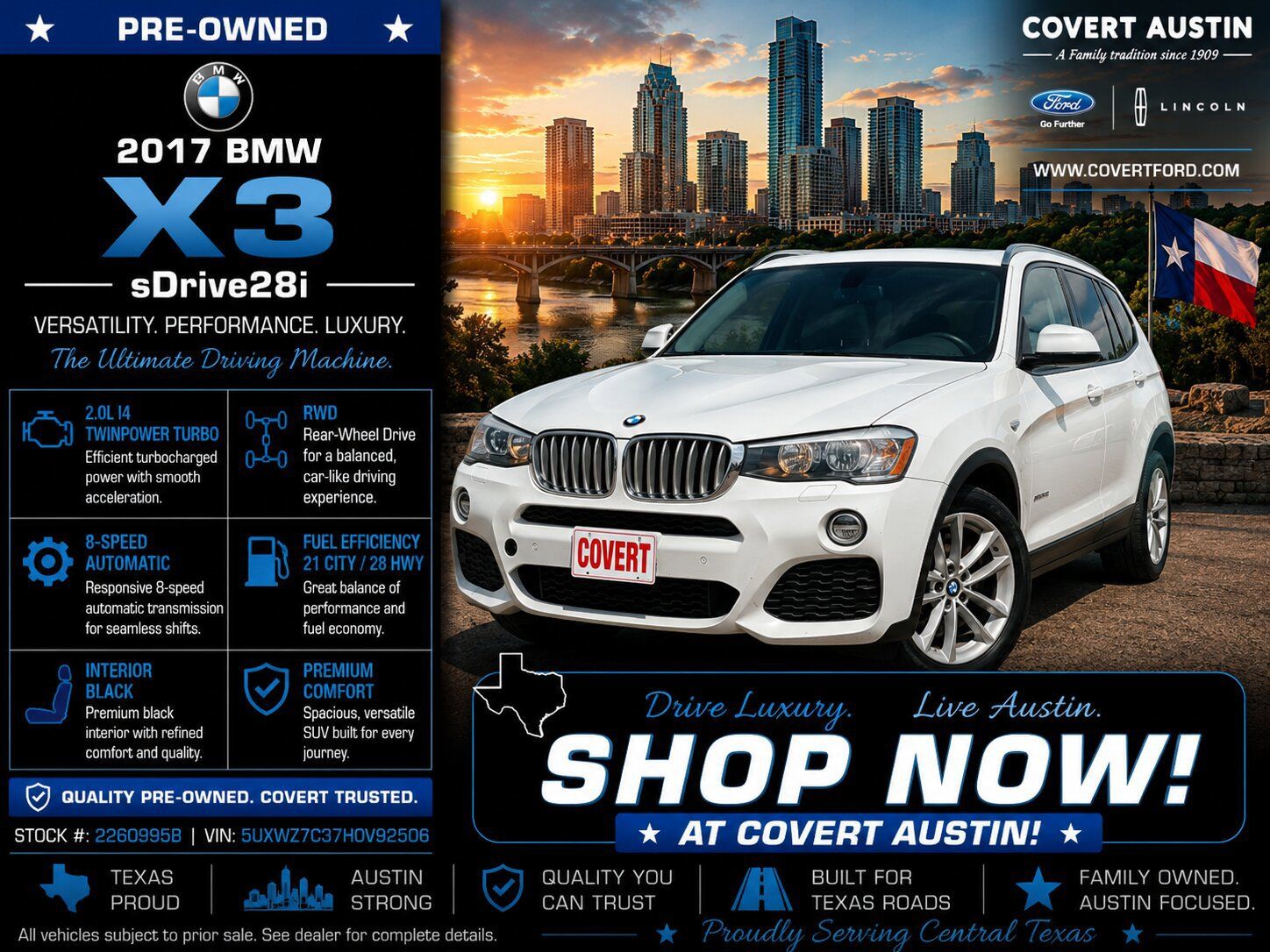 Used Car 2017 Bmw X3  Sdrive28i For Sale Under $12,000 In Austin, Texas
