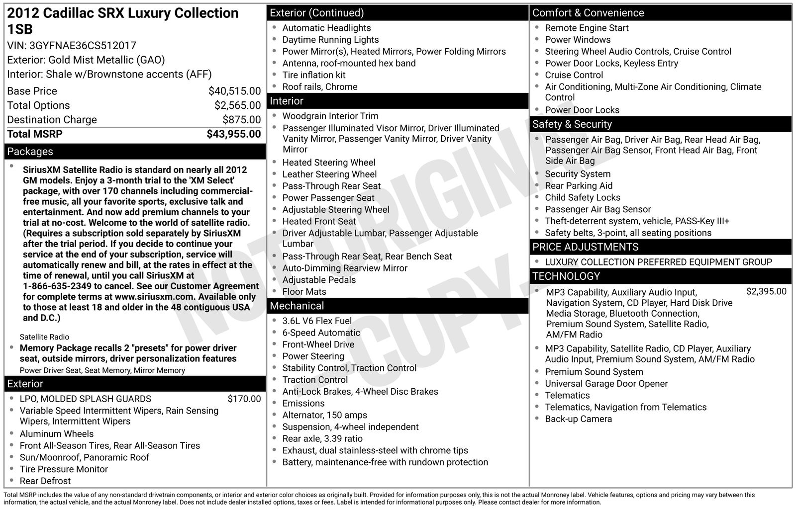 Gold Mist Metallic 2012 Cadillac SRX Luxury FWD SUV / Crossover Front-Wheel Drive 6-Speed Automatic