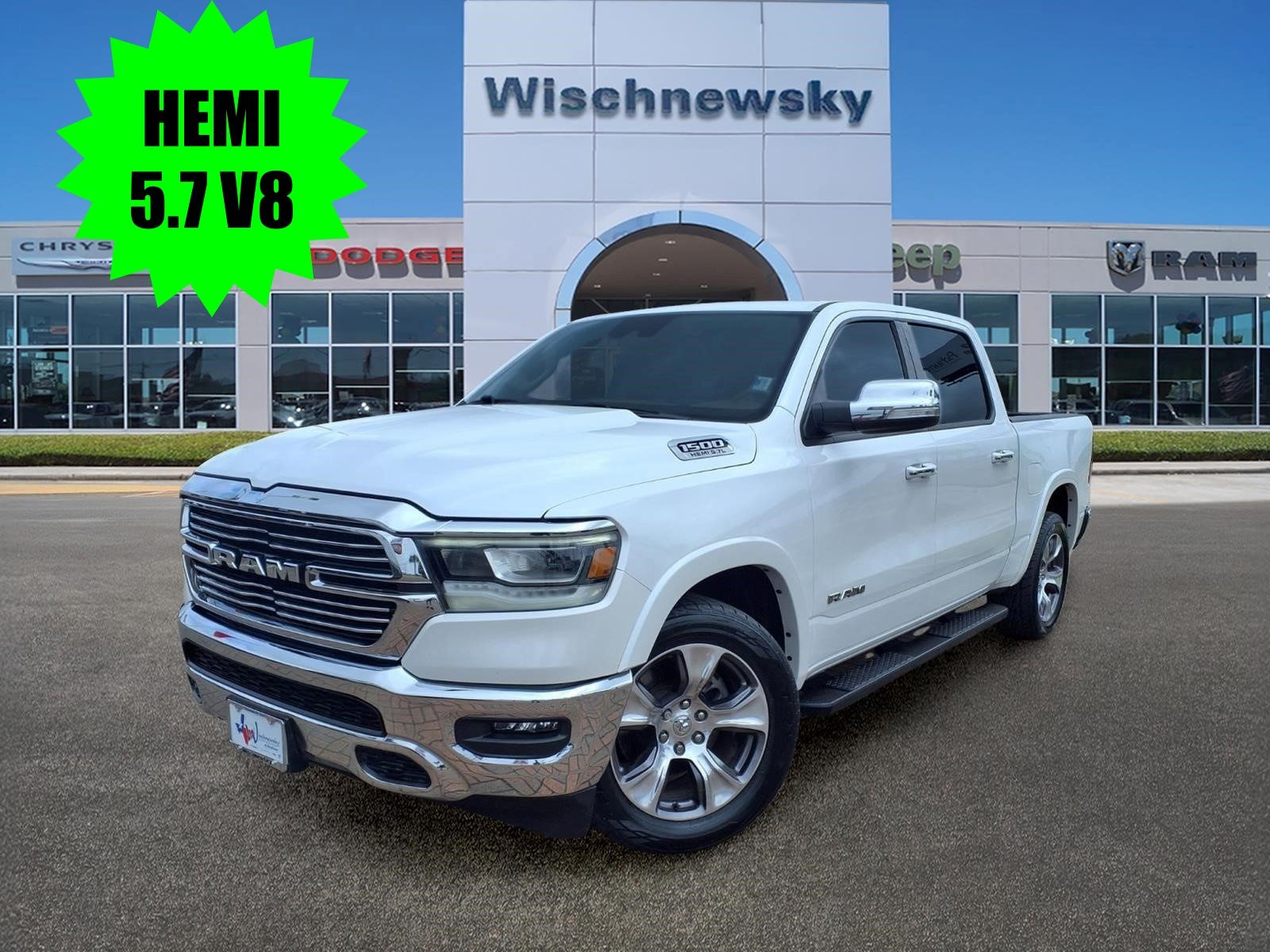 Ivory White Tri-Coat Pearlcoat 2021 RAM 1500 Laramie Crew Cab RWD Pickup Truck 4X2 8-Speed Automatic