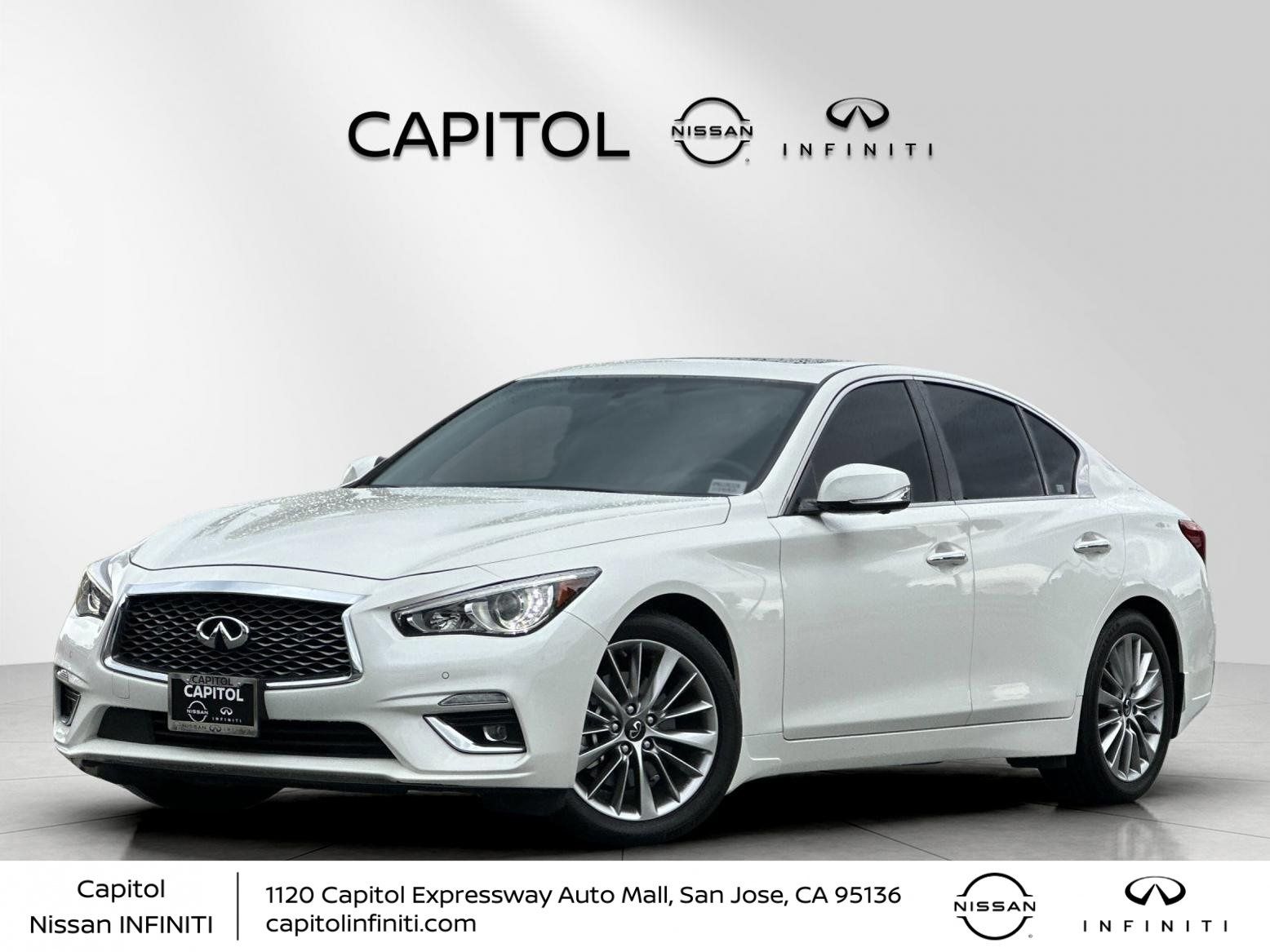 Majestic White 2024 INFINITI Q50 Luxe RWD Sedan Rear-Wheel Drive 7-Speed Automatic Overdrive