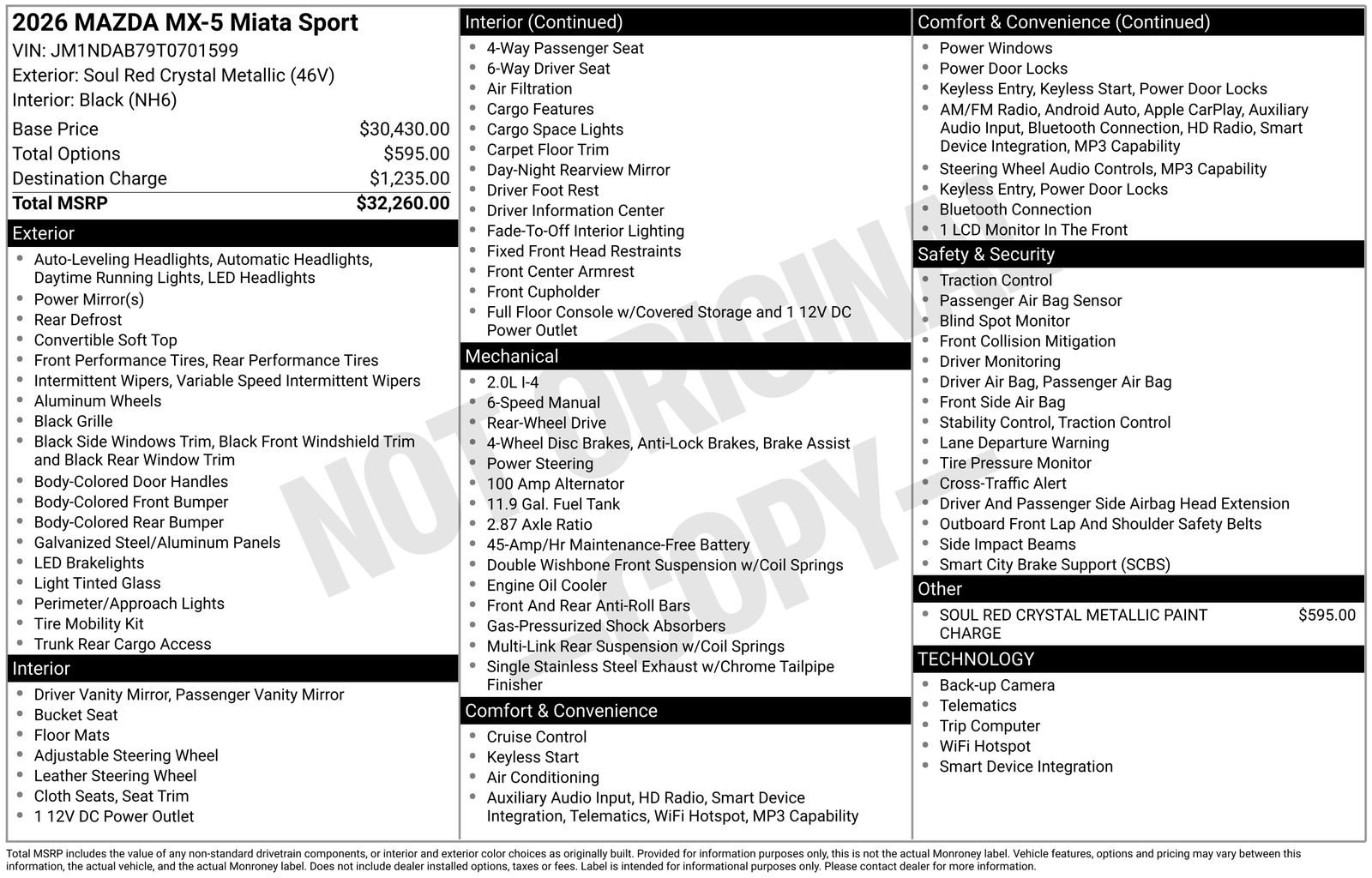 Soul Red Crystal Metallic 2026 Mazda MX-5 Miata Convertible Rear-Wheel Drive 6-Speed Manual