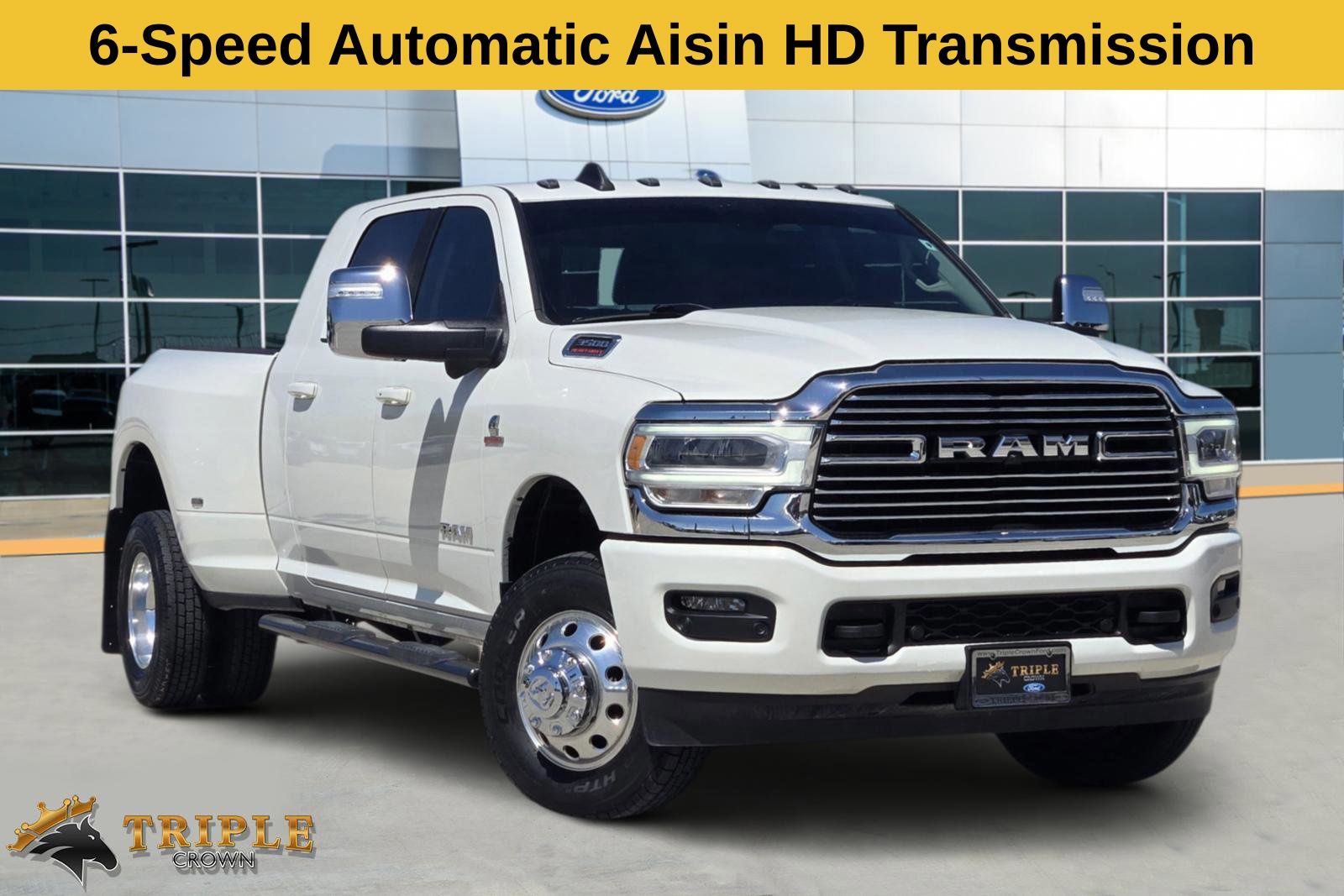 Pearl White 2024 RAM 3500 Laramie Mega Cab DRW 4WD Pickup Truck Four-Wheel Drive 6-Speed Automatic