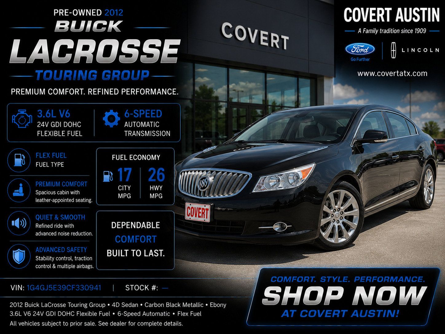 Carbon Black Metallic 2012 Buick LaCrosse Sedan Front-Wheel Drive 6-Speed Automatic