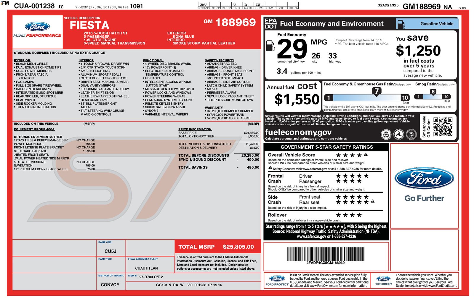 Kona Blue Metallic 2016 Ford Fiesta ST Hatchback Front-Wheel Drive 6-Speed Manual