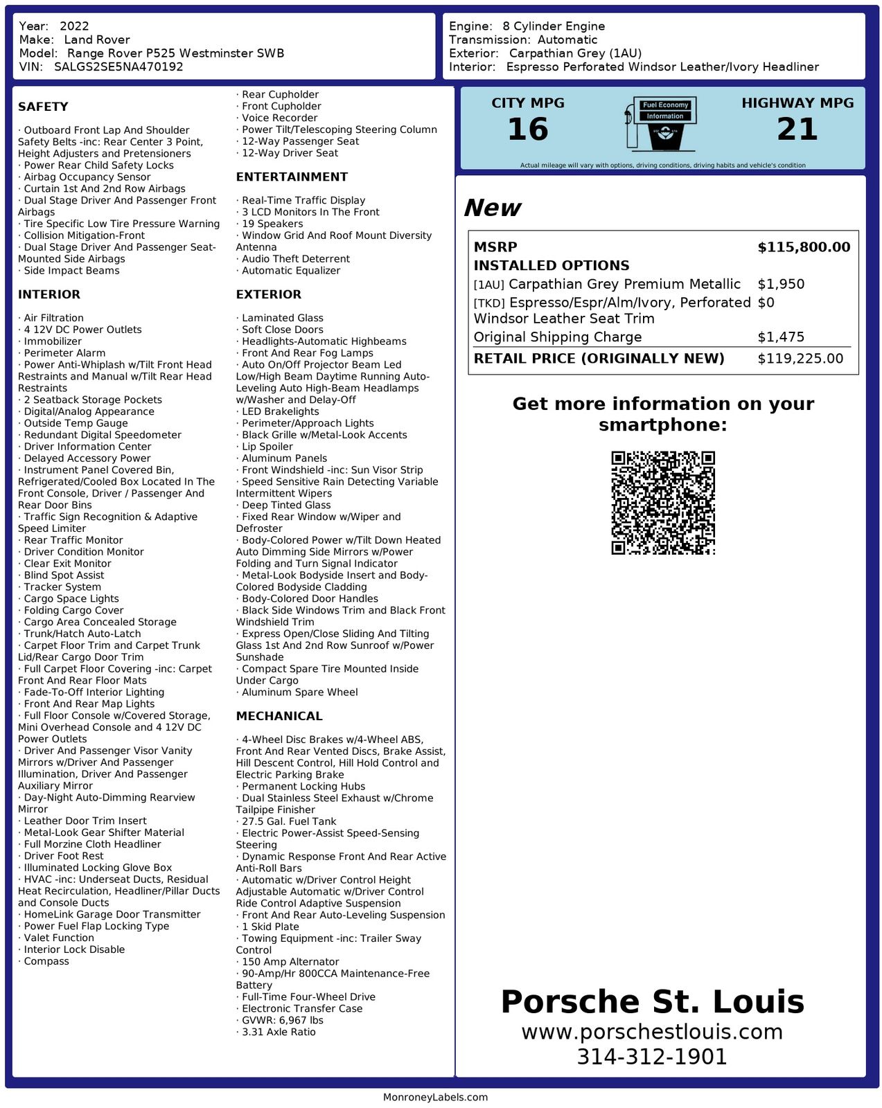 Carpathian Gray Premium Metallic 2022 Land Rover Range Rover P525 HSE Westminster Edition 4WD SUV / Crossover All-Wheel Drive 8-Speed Automatic