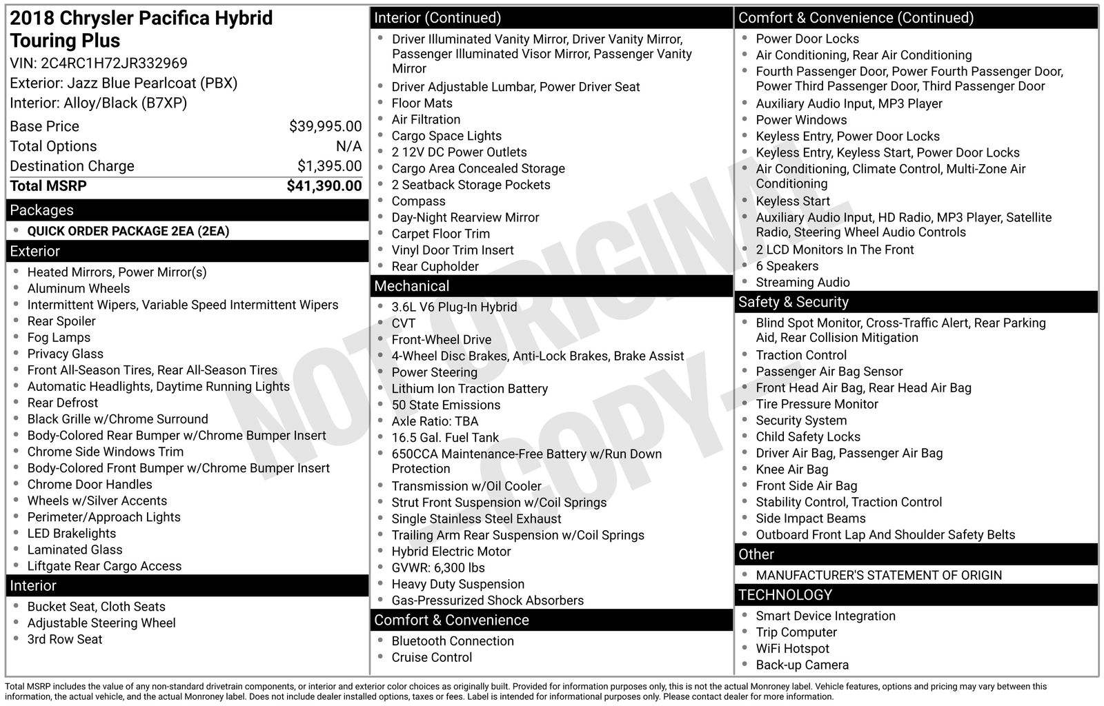 Jazz Blue Pearlcoat 2018 Chrysler Pacifica Hybrid Touring Plus FWD Minivan Front-Wheel Drive Continuously Variable Transmission