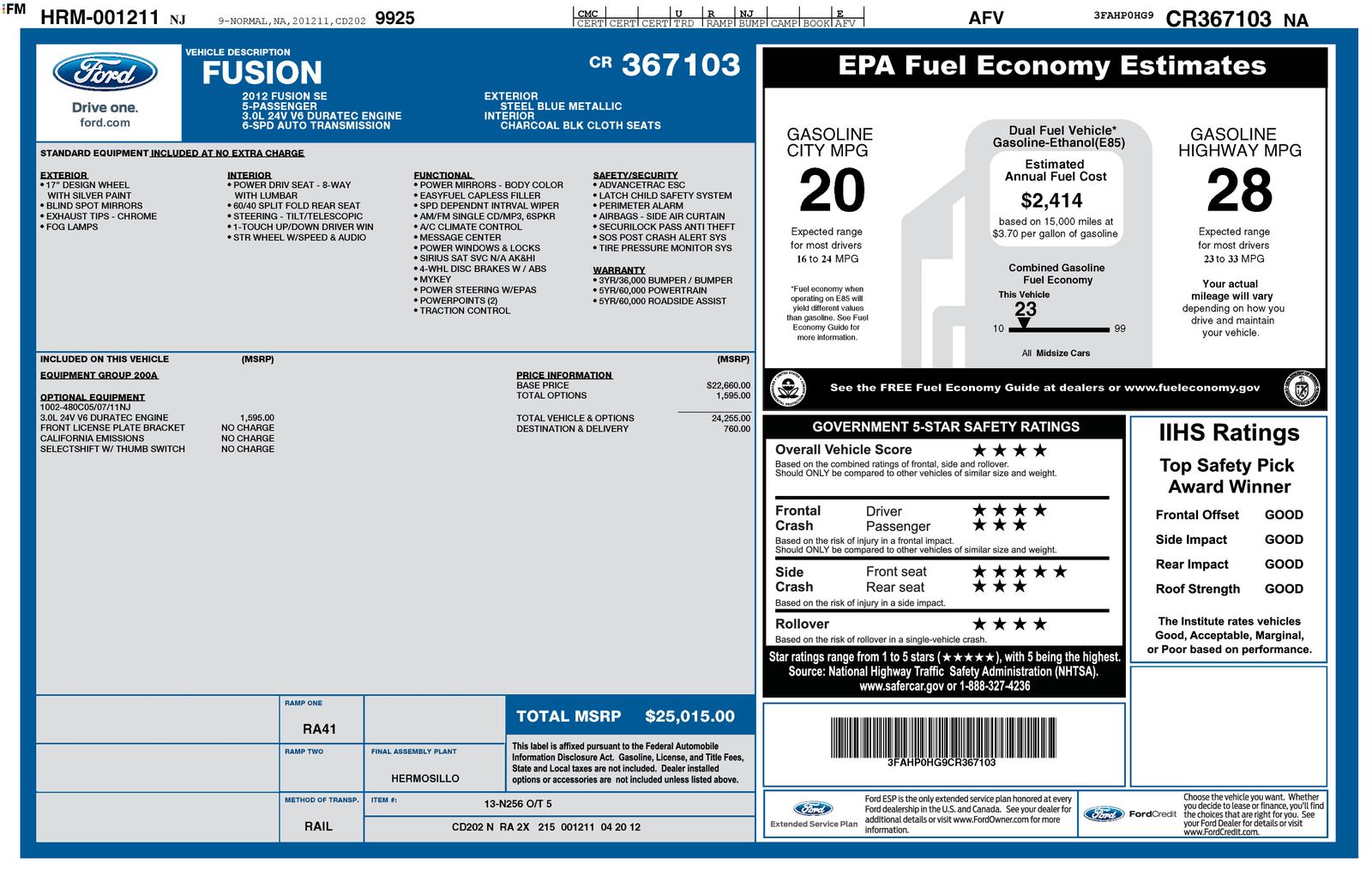 Blue 2012 Ford Fusion Sedan Front-Wheel Drive 6-Speed Automatic