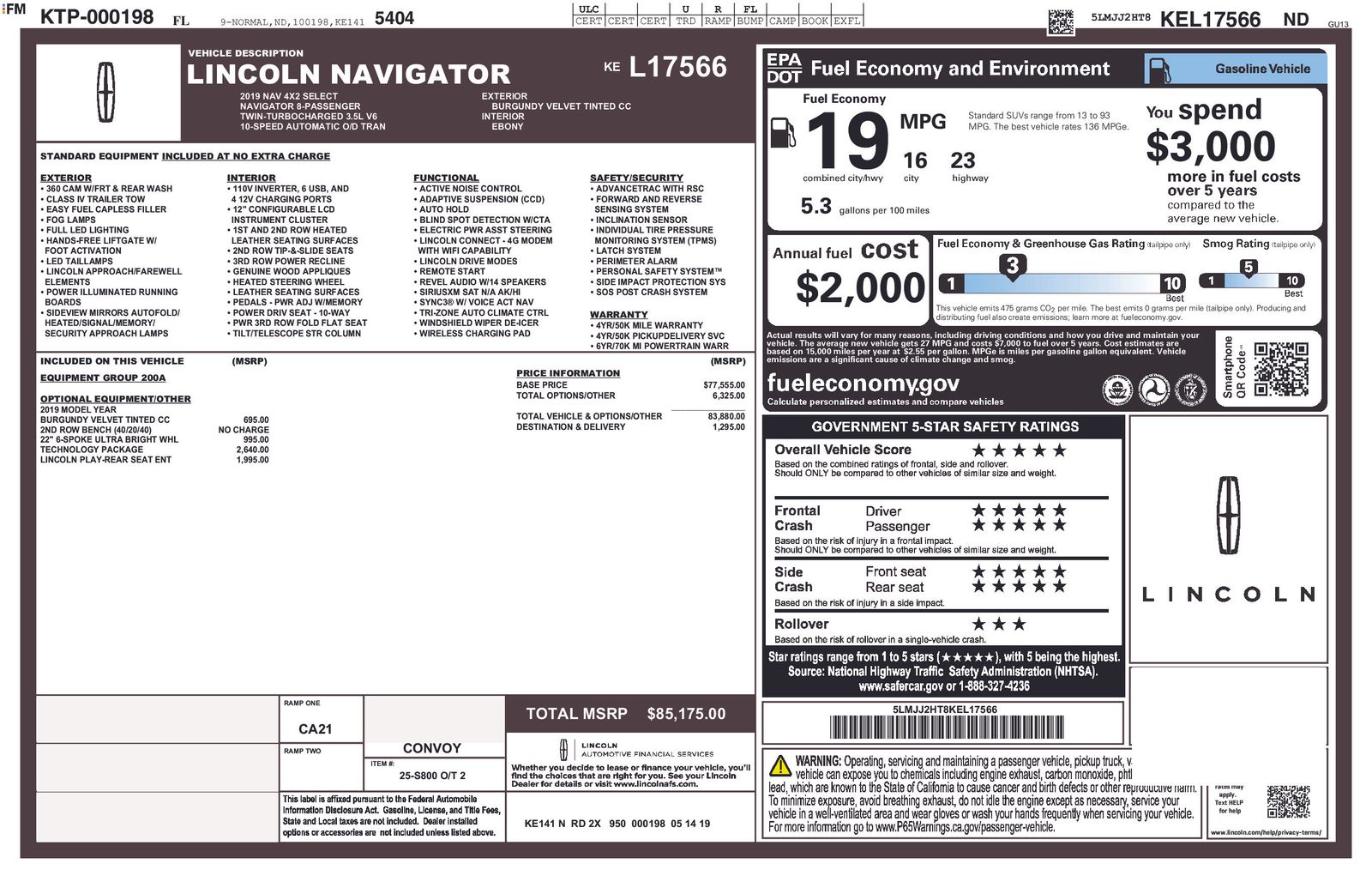 Red (Burgundy) 2019 Lincoln Navigator SUV / Crossover 4X2 Automatic