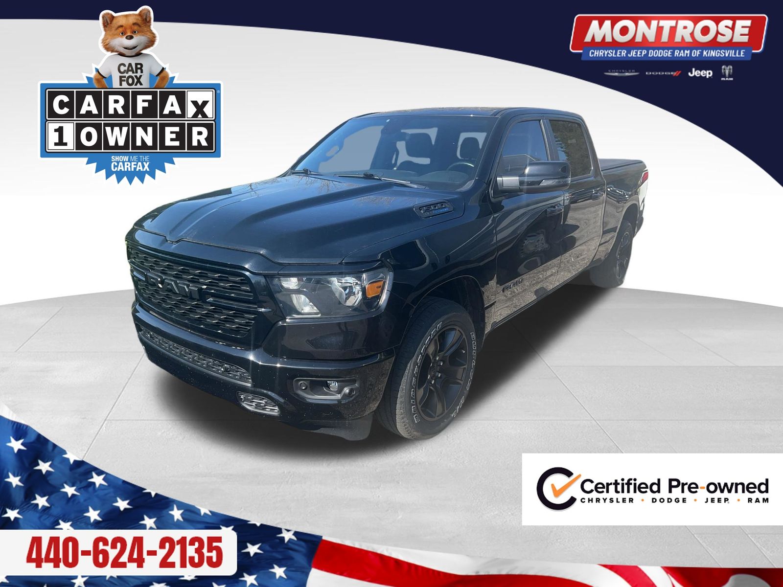Diamond Black Crystal Pearlcoat 2023 RAM 1500 Big Horn Crew Cab 4WD Pickup Truck Four-Wheel Drive 8-Speed Automatic