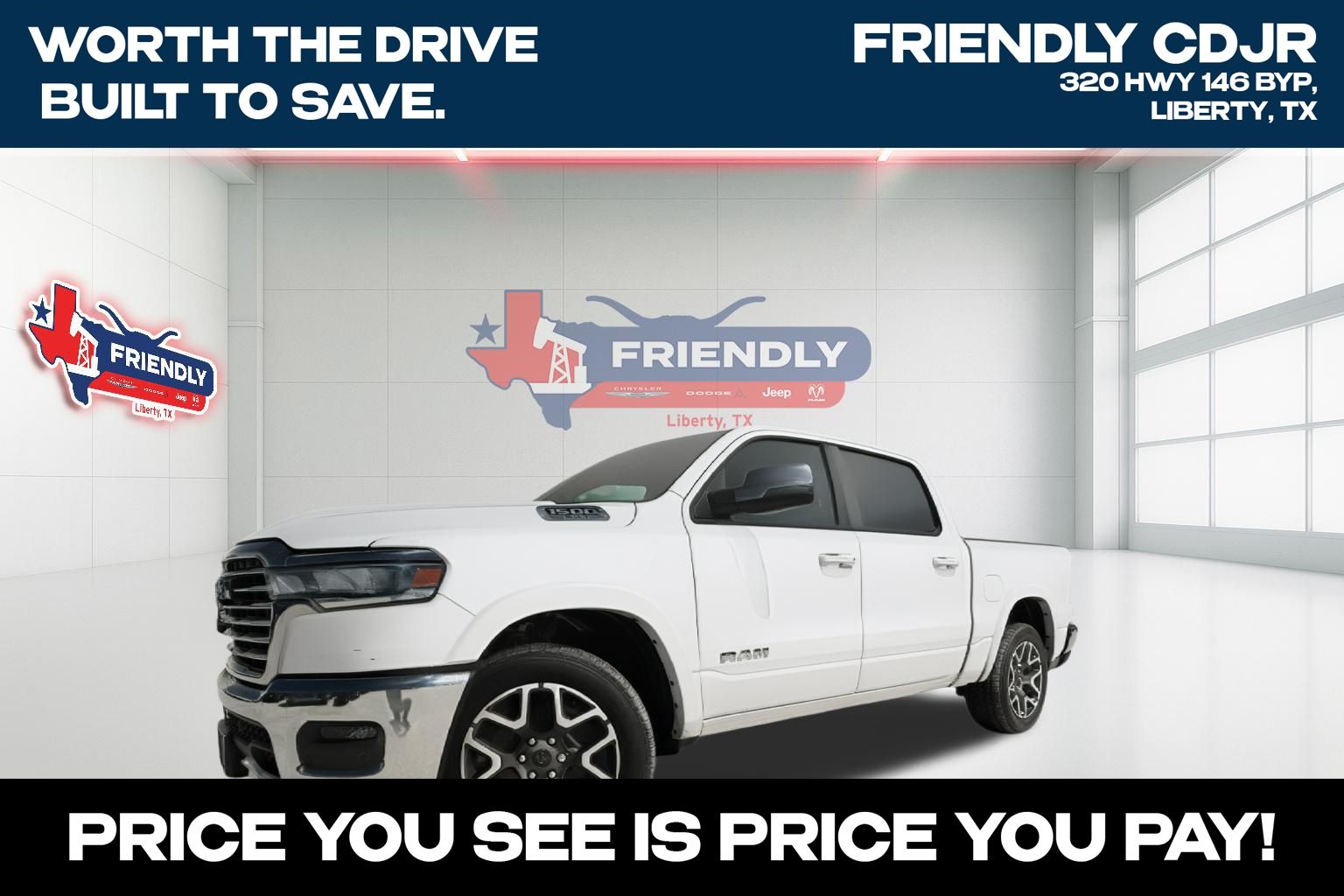 Bright White Clearcoat 2025 RAM 1500 Laramie Crew Cab 4WD Pickup Truck Four-Wheel Drive 8-Speed Automatic