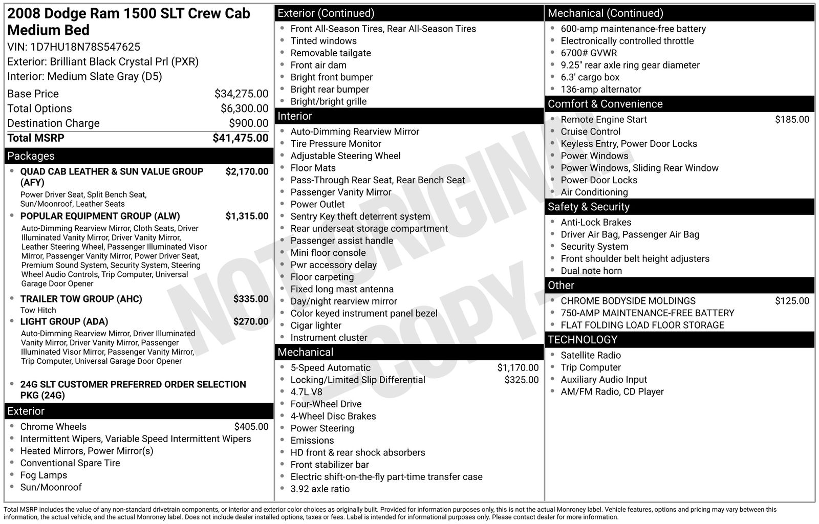 Brilliant Black Crystal Pearlcoat 2008 Dodge RAM 1500 SLT Quad Cab 4WD Pickup Truck Four-Wheel Drive 5-Speed Automatic