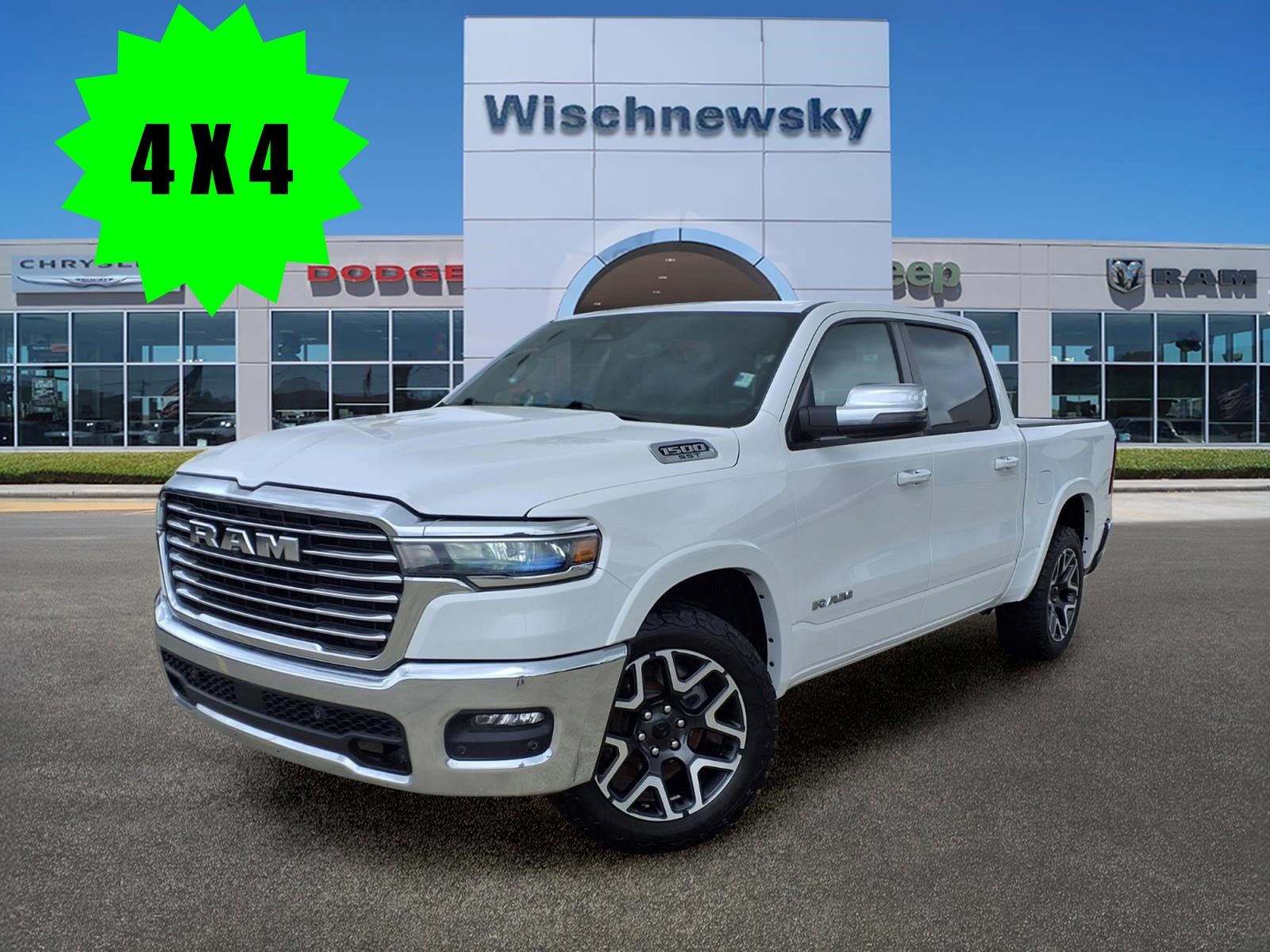 Bright White Clearcoat 2025 RAM 1500 Laramie Crew Cab 4WD Pickup Truck Four-Wheel Drive 8-Speed Automatic