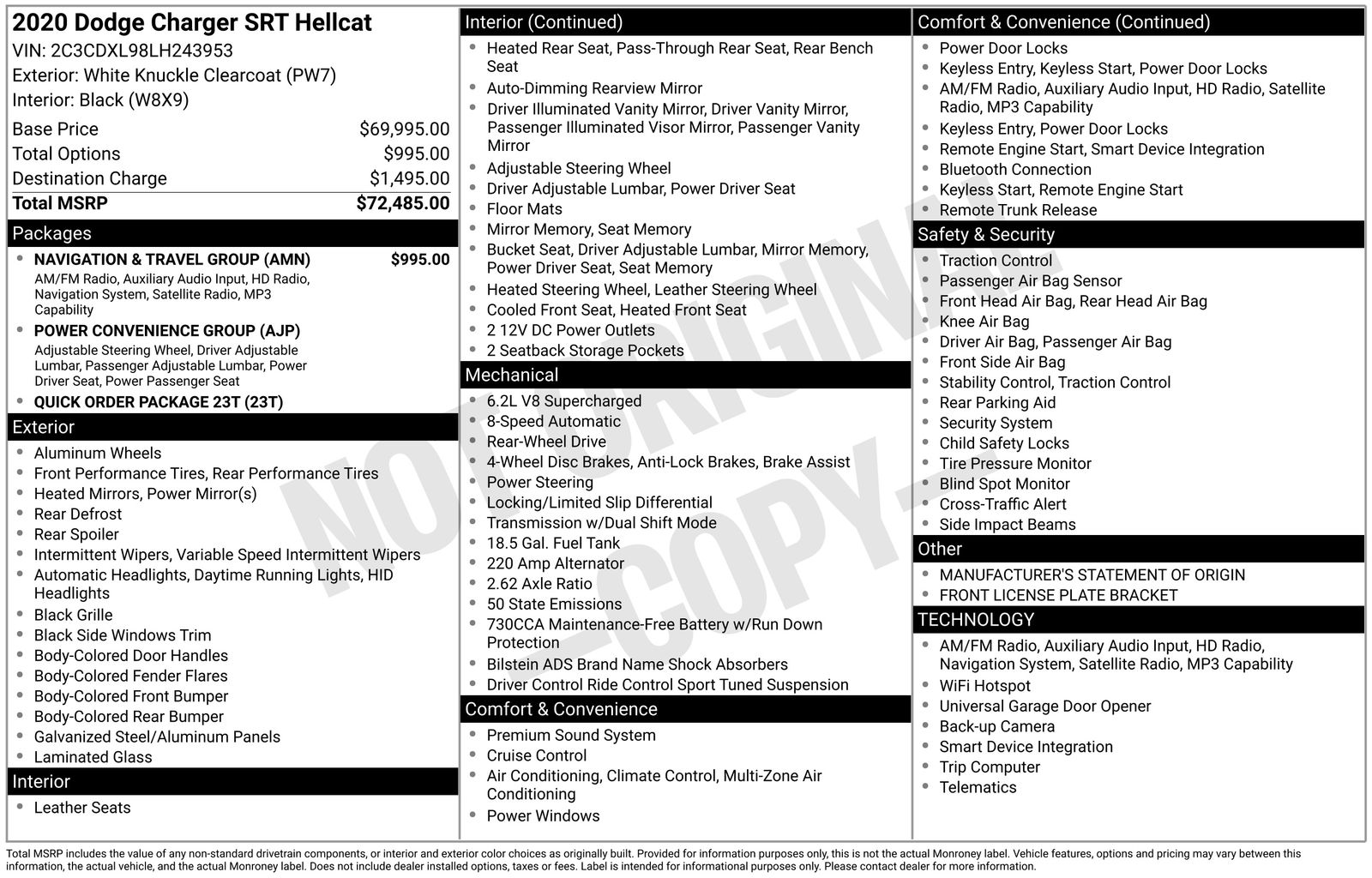 White Knuckle Clearcoat 2020 Dodge Charger SRT Hellcat Widebody RWD Sedan Rear-Wheel Drive 8-Speed Automatic