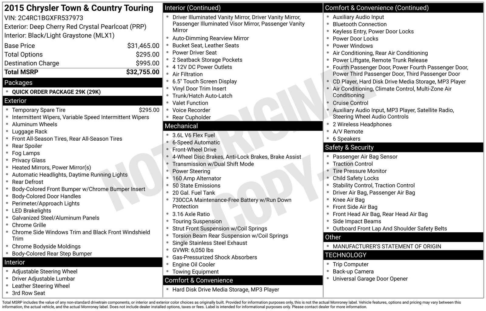 Deep Cherry Red Crystal Pearlcoat 2015 Chrysler Town & Country Touring FWD Minivan Front-Wheel Drive 6-Speed Automatic