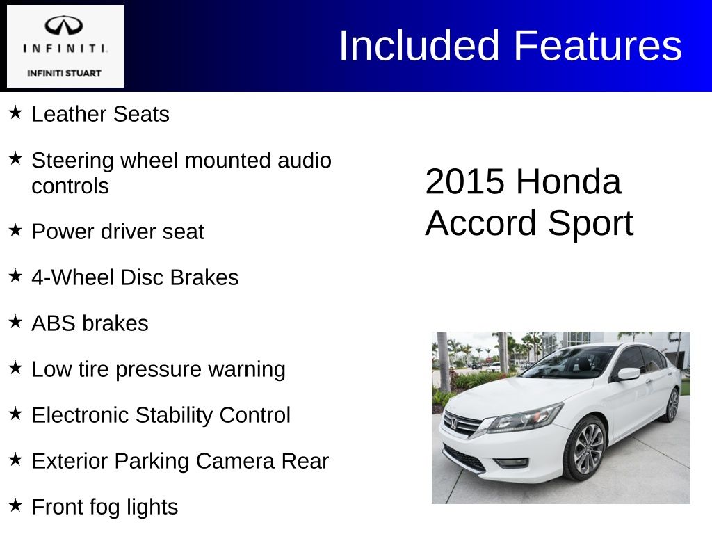 Used 2015 Honda Accord Sport with VIN 1HGCR2F56FA050326 for sale in Stuart, FL