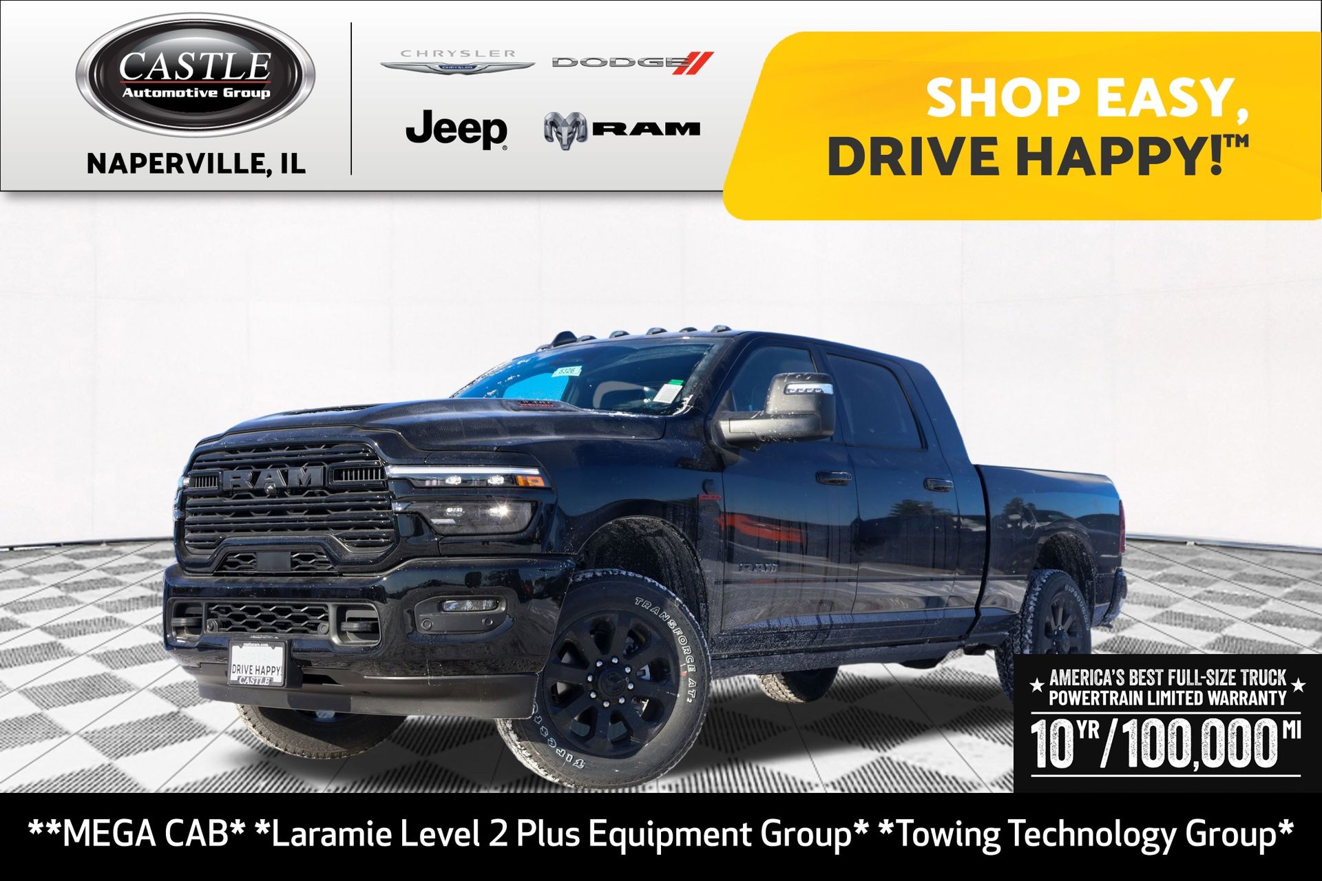 Diamond Black Crystal Pearlcoat 2026 RAM 3500 Laramie Mega Cab 4WD Pickup Truck Four-Wheel Drive 8-Speed Automatic