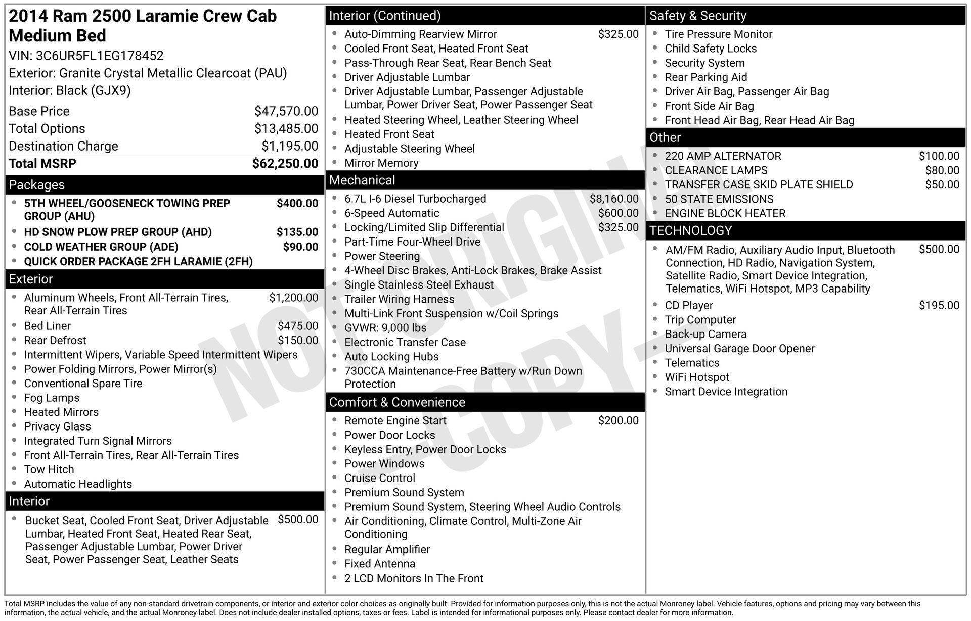 Gray (Granite Crystal Metallic Clearcoat) 2014 RAM 2500 Laramie Crew Cab 4WD Pickup Truck Four-Wheel Drive 6-Speed Automatic