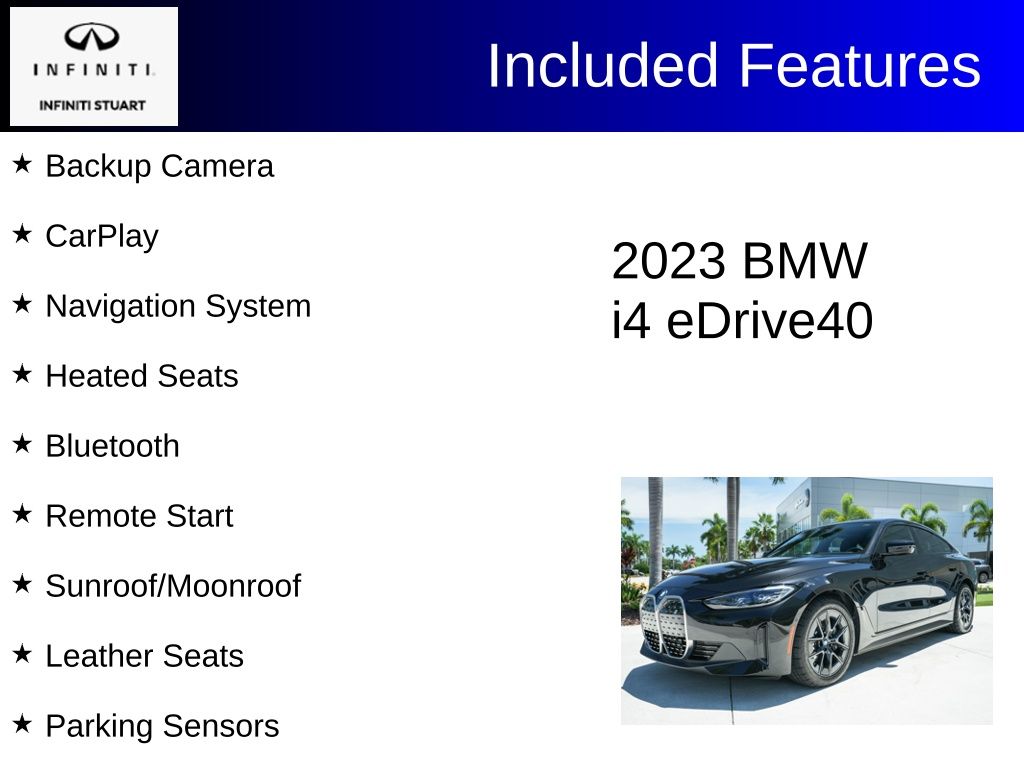 Used 2023 BMW i4 Base with VIN WBY73AW08PFR29085 for sale in Stuart, FL