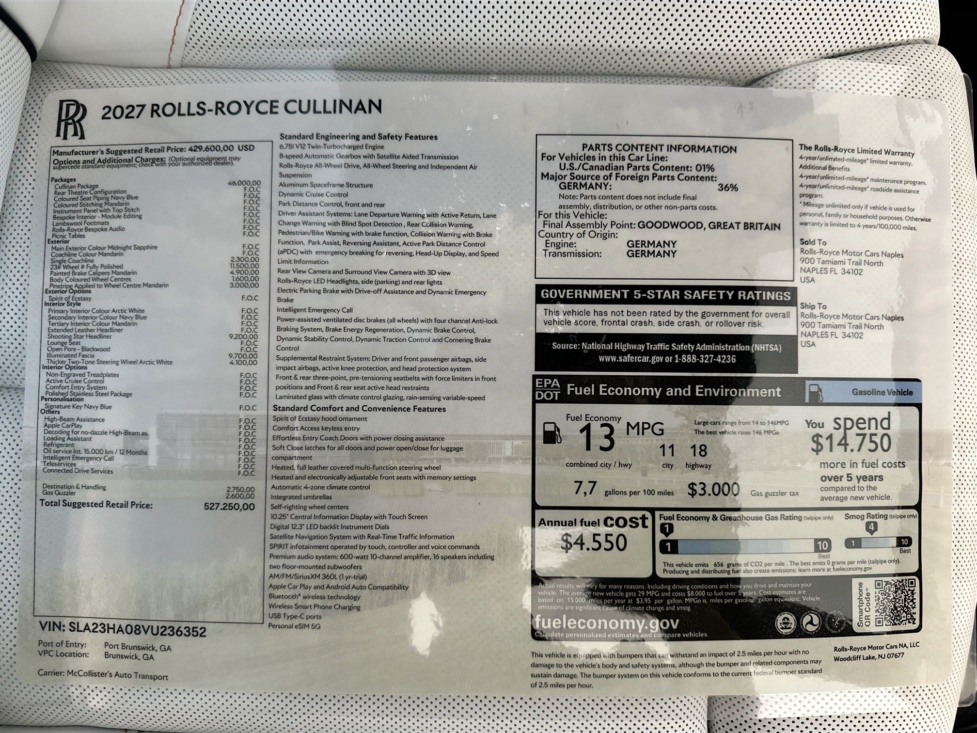 new 2027 Rolls-Royce Cullinan car, priced at $527,250