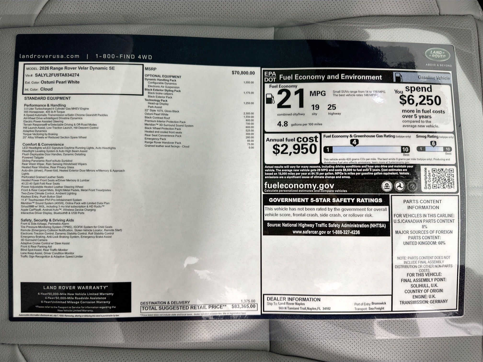 new 2026 Land Rover Range Rover Velar car, priced at $83,365