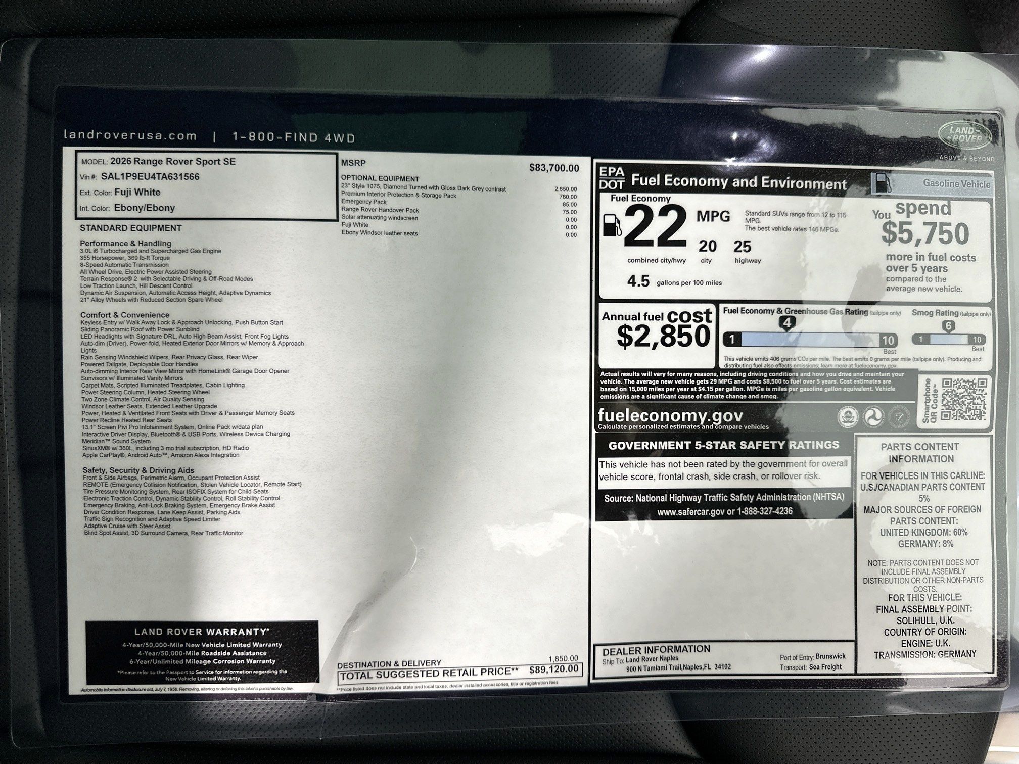 new 2026 Land Rover Range Rover Sport car, priced at $89,120