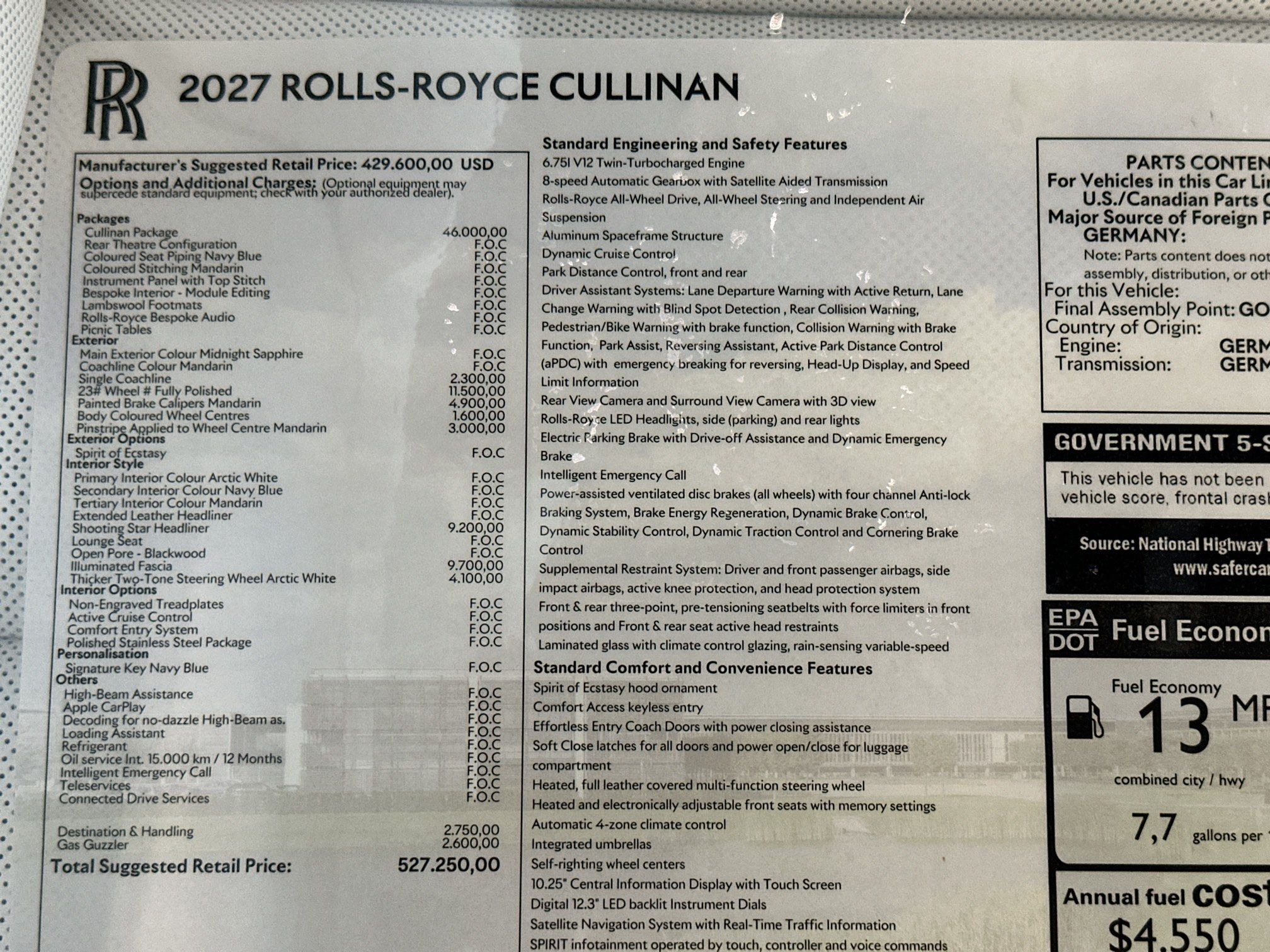 new 2027 Rolls-Royce Cullinan car, priced at $527,250