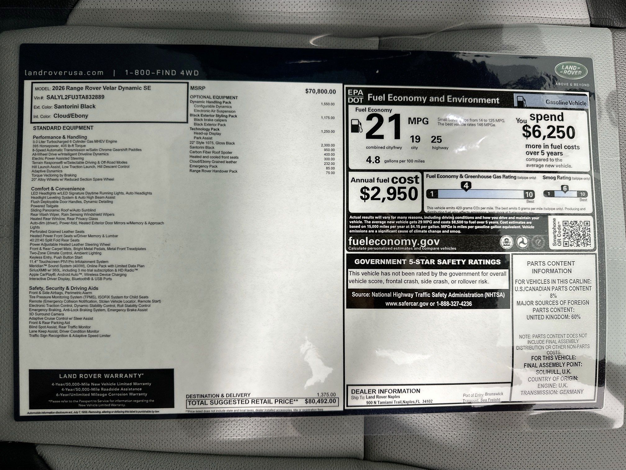 new 2026 Land Rover Range Rover Velar car, priced at $80,492