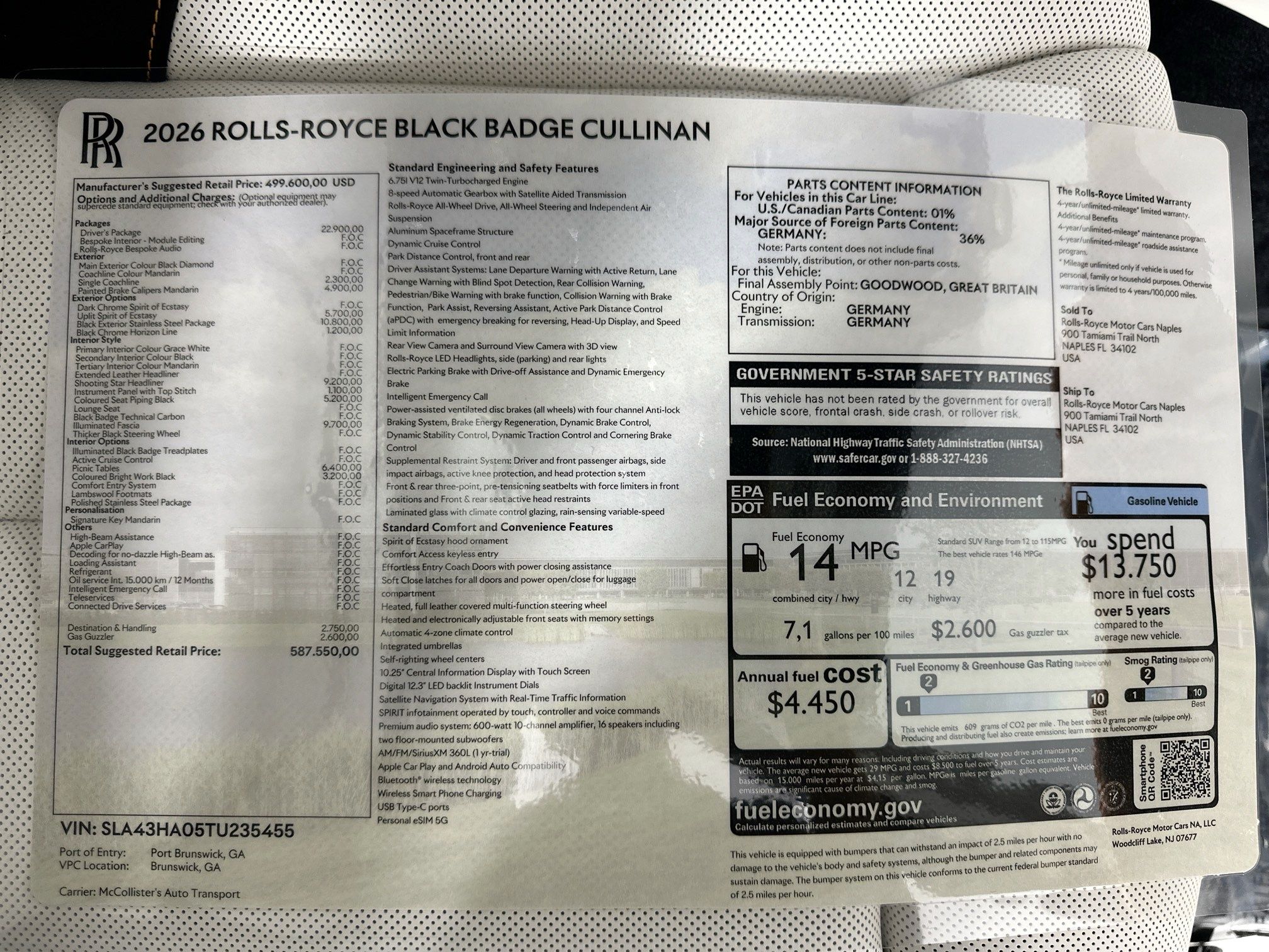 new 2026 Rolls-Royce Cullinan car, priced at $587,550
