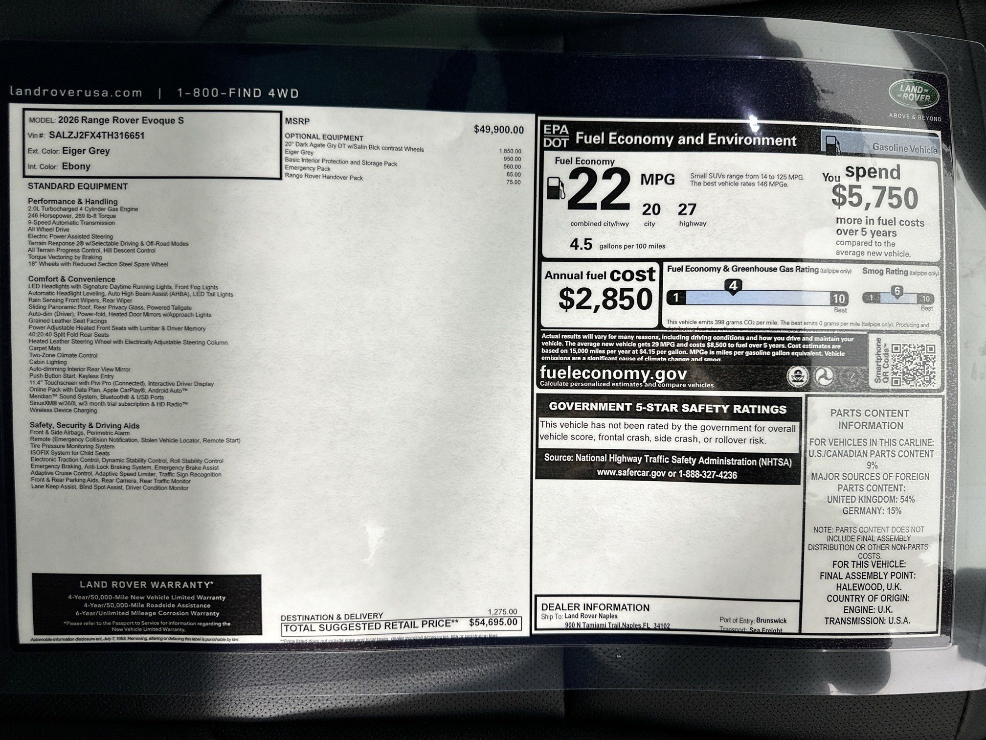 new 2026 Land Rover Range Rover Evoque car, priced at $54,695