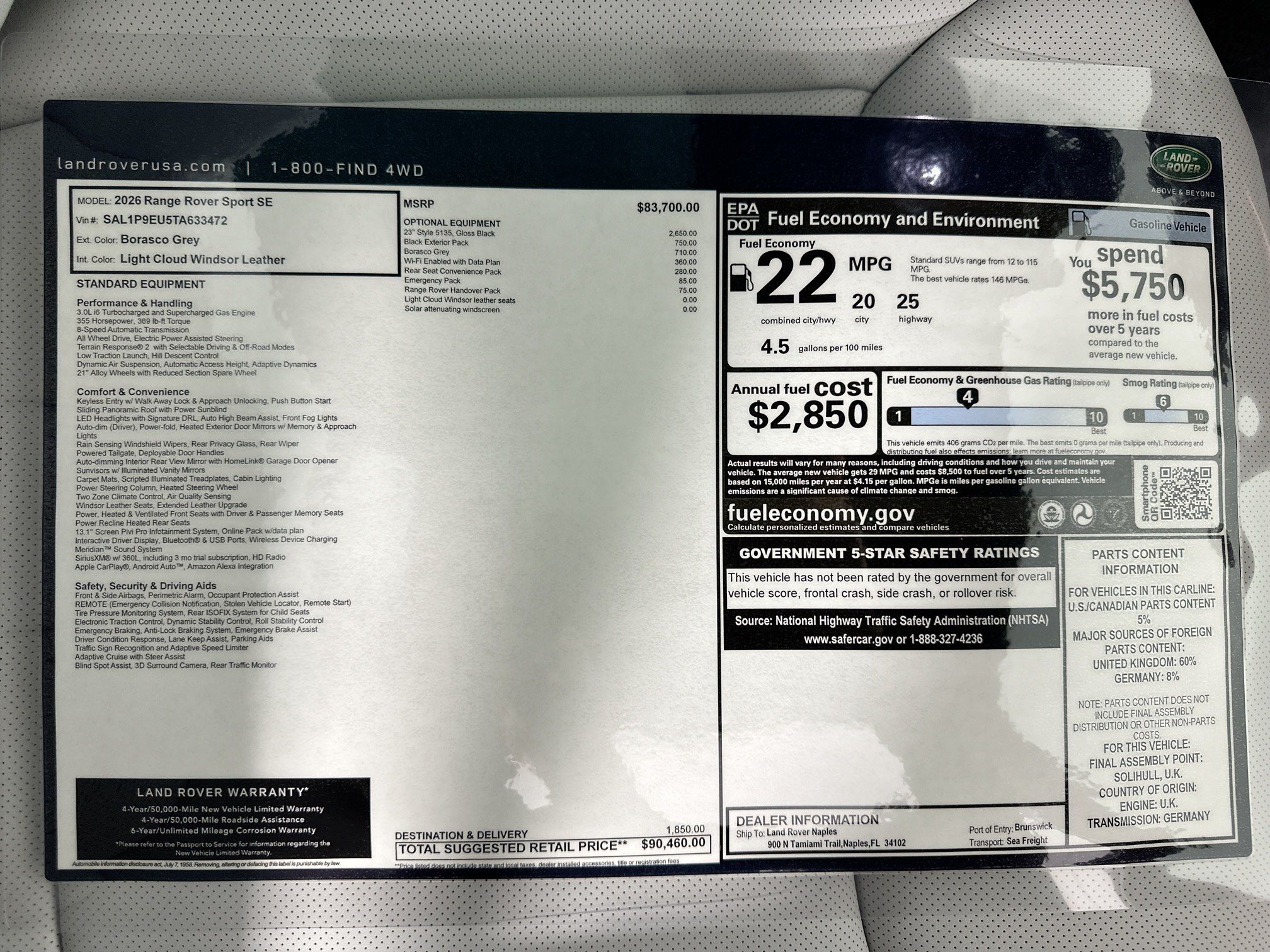 new 2026 Land Rover Range Rover Sport car, priced at $90,460