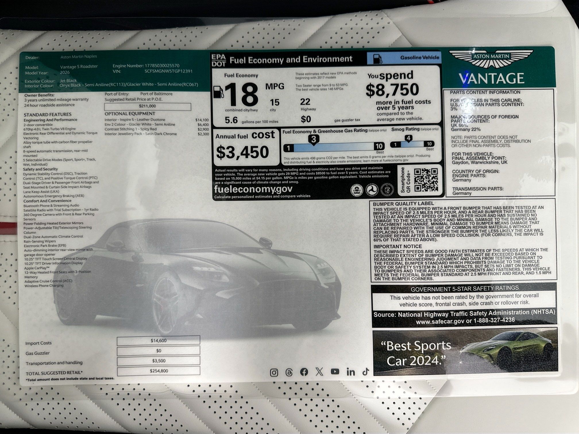 new 2026 Aston Martin Vantage car, priced at $254,800