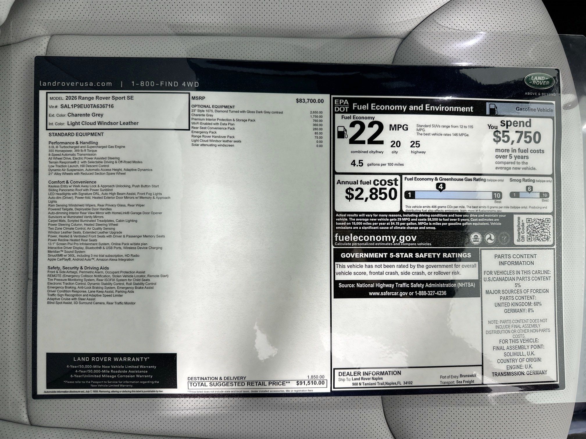 new 2026 Land Rover Range Rover Sport car, priced at $91,510