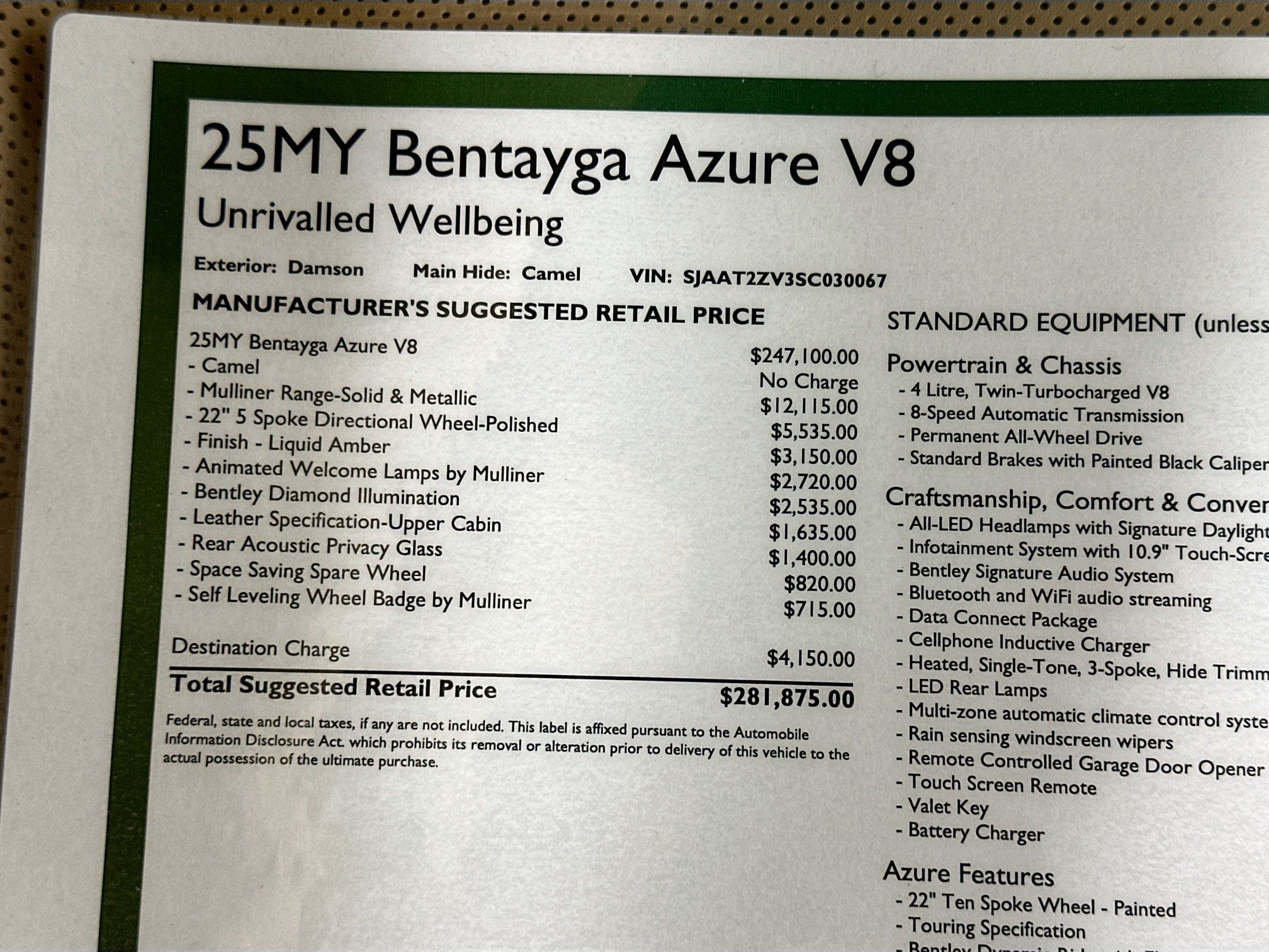 used 2025 Bentley Bentayga car, priced at $239,875