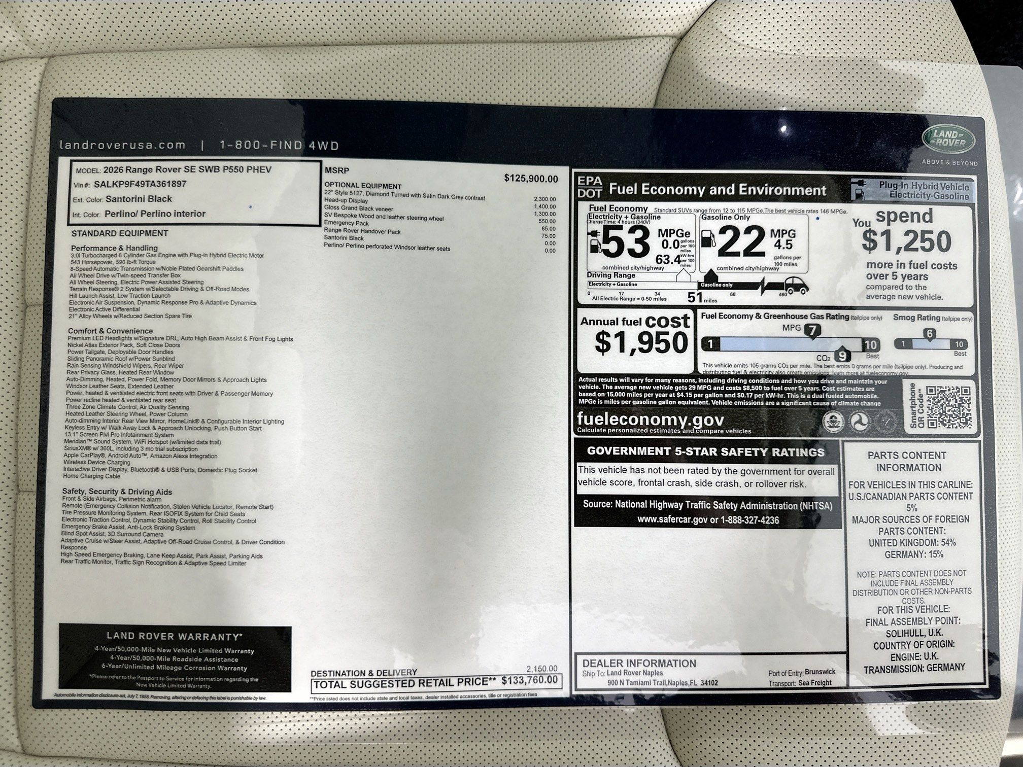 new 2026 Land Rover Range Rover Plug-In Hybrid car, priced at $133,760