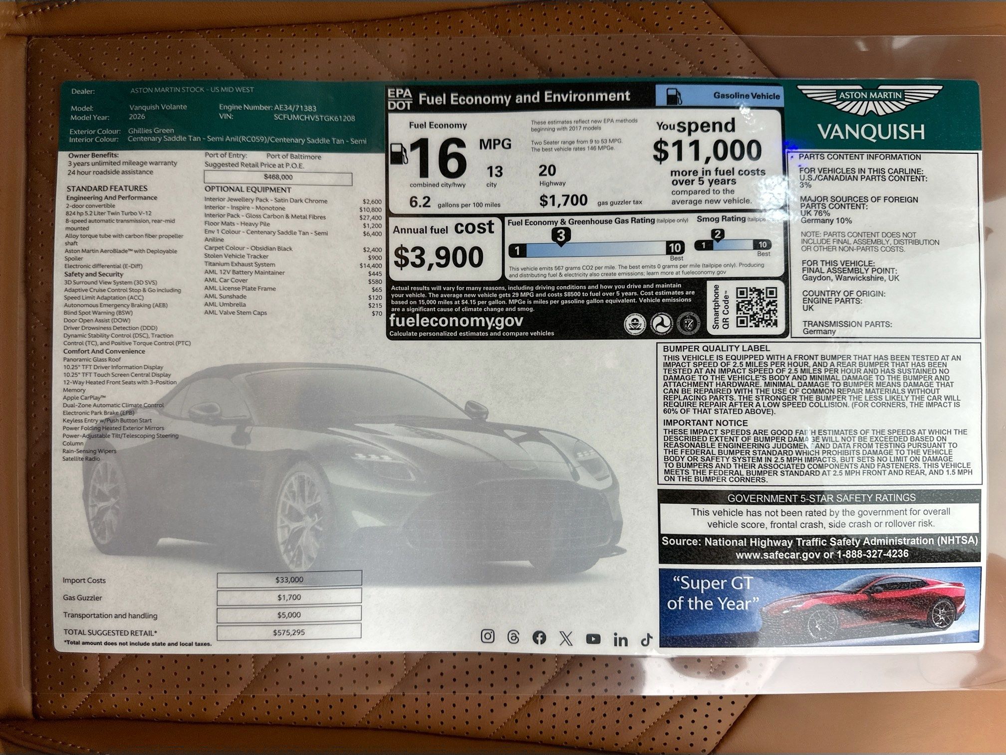 new 2026 Aston Martin Vanquish car, priced at $573,800