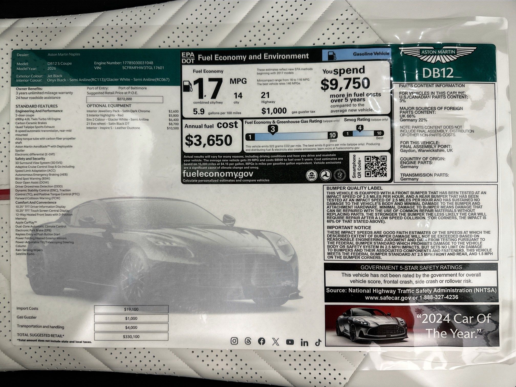 new 2026 Aston Martin DB12 car, priced at $330,100