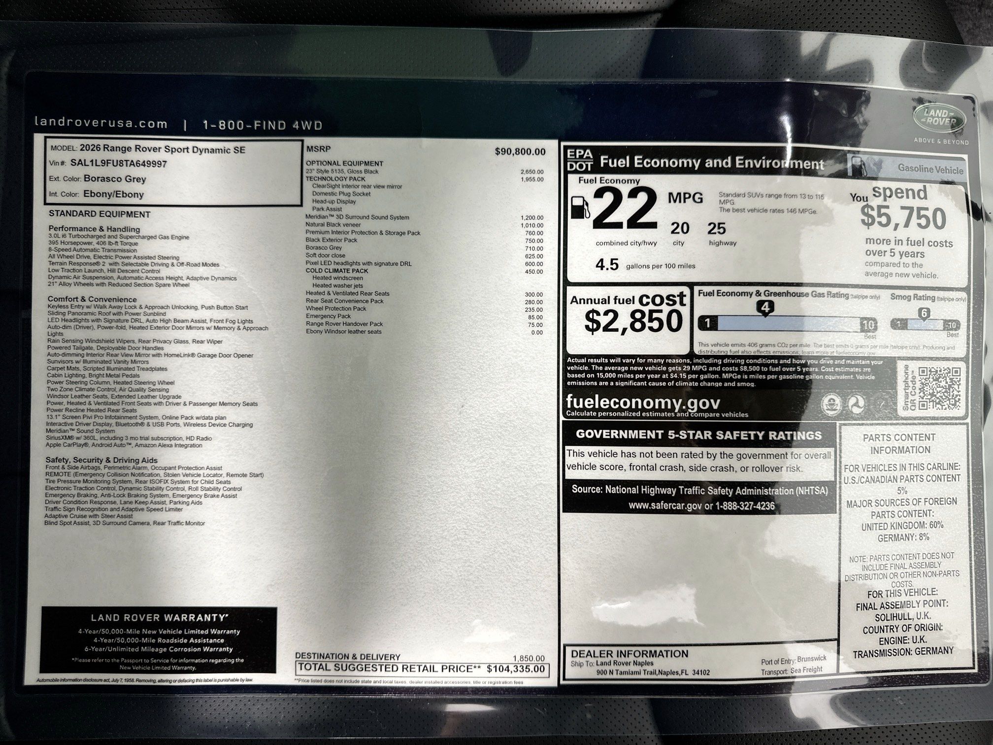 new 2026 Land Rover Range Rover Sport car, priced at $104,335