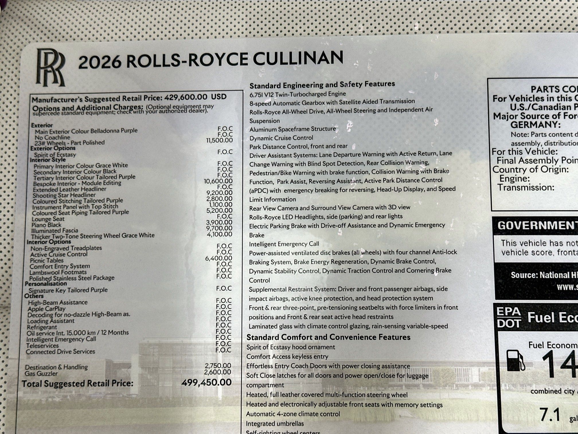new 2026 Rolls-Royce Cullinan car, priced at $499,450